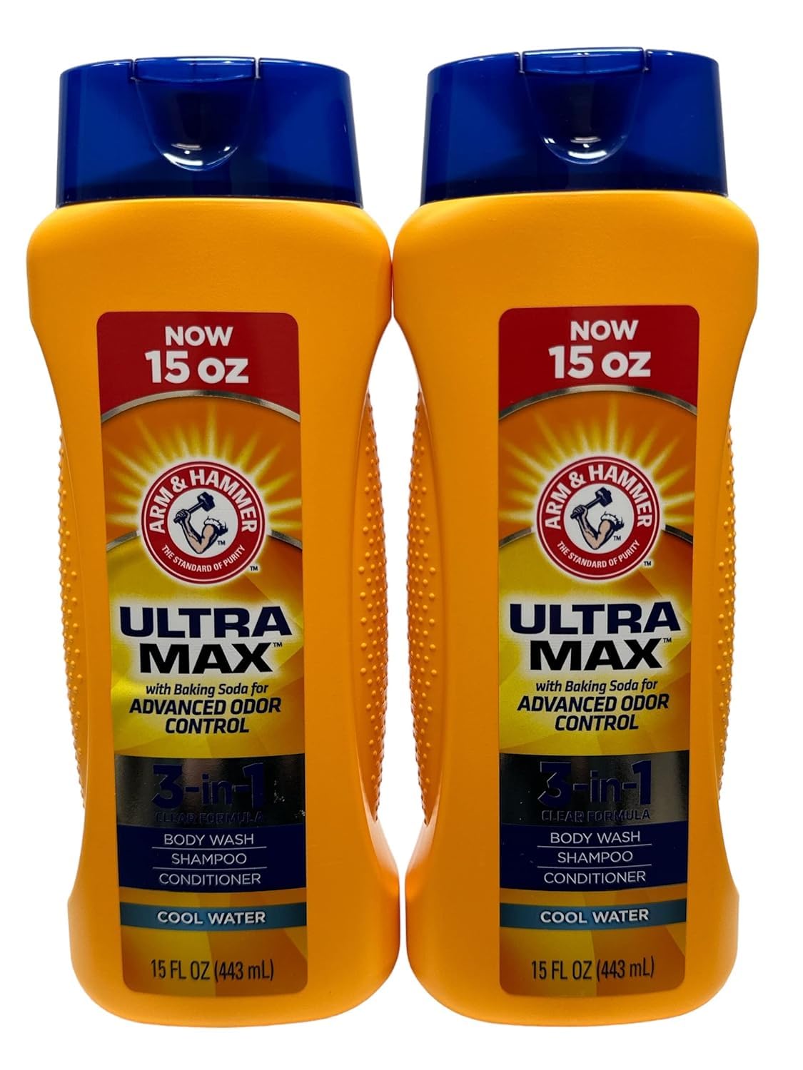 Arm & Hammer Ultra Max 3-in-1 Body Wash, Shampoo & Conditioner Bundle - 15oz Cool Water Bottles (Pack of 2) | Refreshing Multi-Use Cleanser for Gym, Travel & Outdoor Adventures
