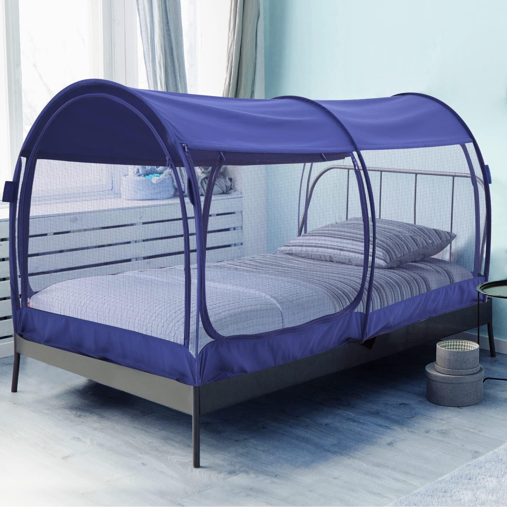 Alvantor Mosquito Net Bed Canopy - Twin Size Pop Up Bed Tent with Portable Frame for Indoor/Outdoor Use, Breathable Privacy Sleeping Space in Navy Blue (Mattress Not Included) - Perfect for Camping, Dorm Rooms, and Kids' Sleepovers