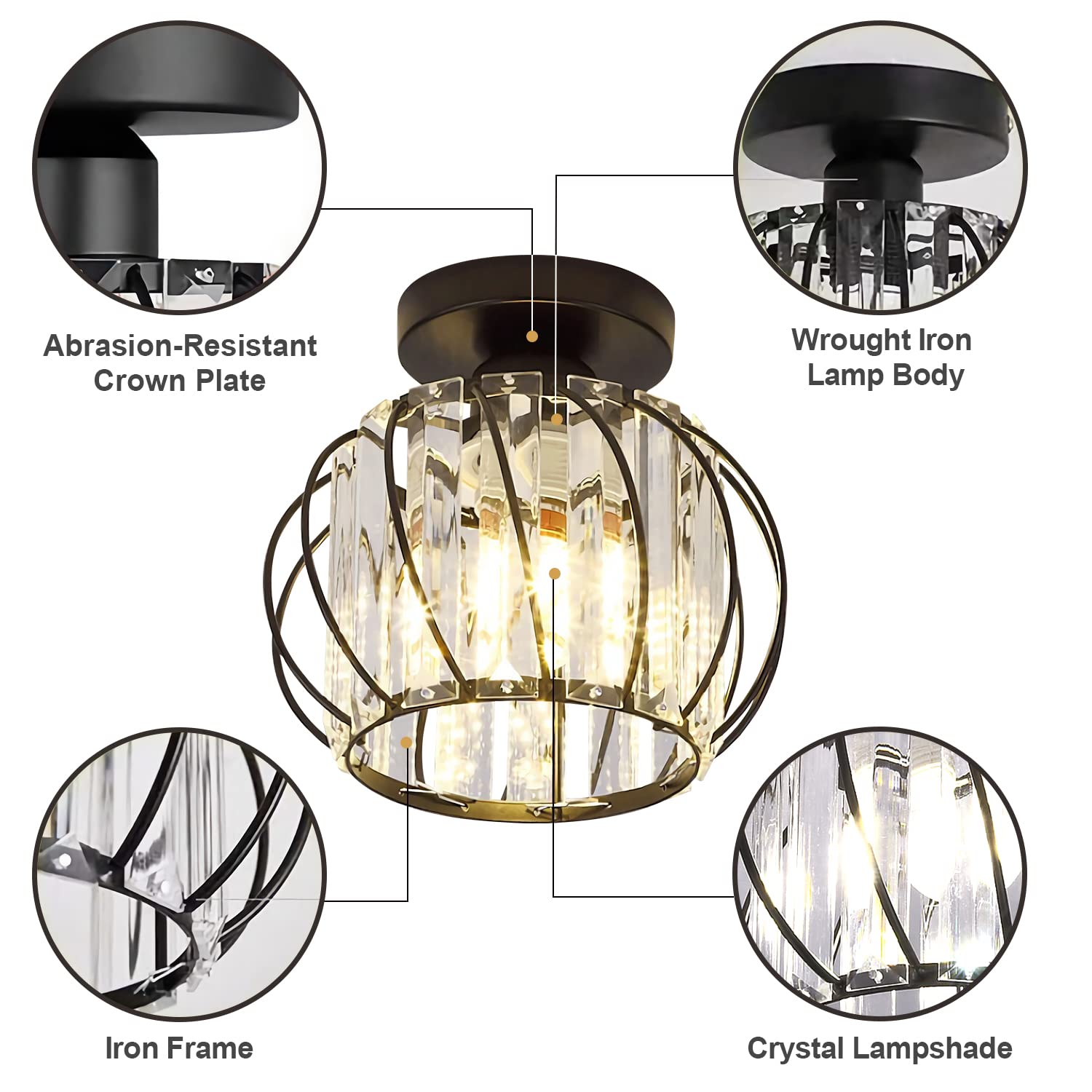 Black Flush Mount Crystal Chandelier - Small Bathroom & Hallway Ceiling Light Fixture - Mid Century Modern Design for Entryway, Bedroom, Porch - Perfect for Home Decor & Romantic Ambiance