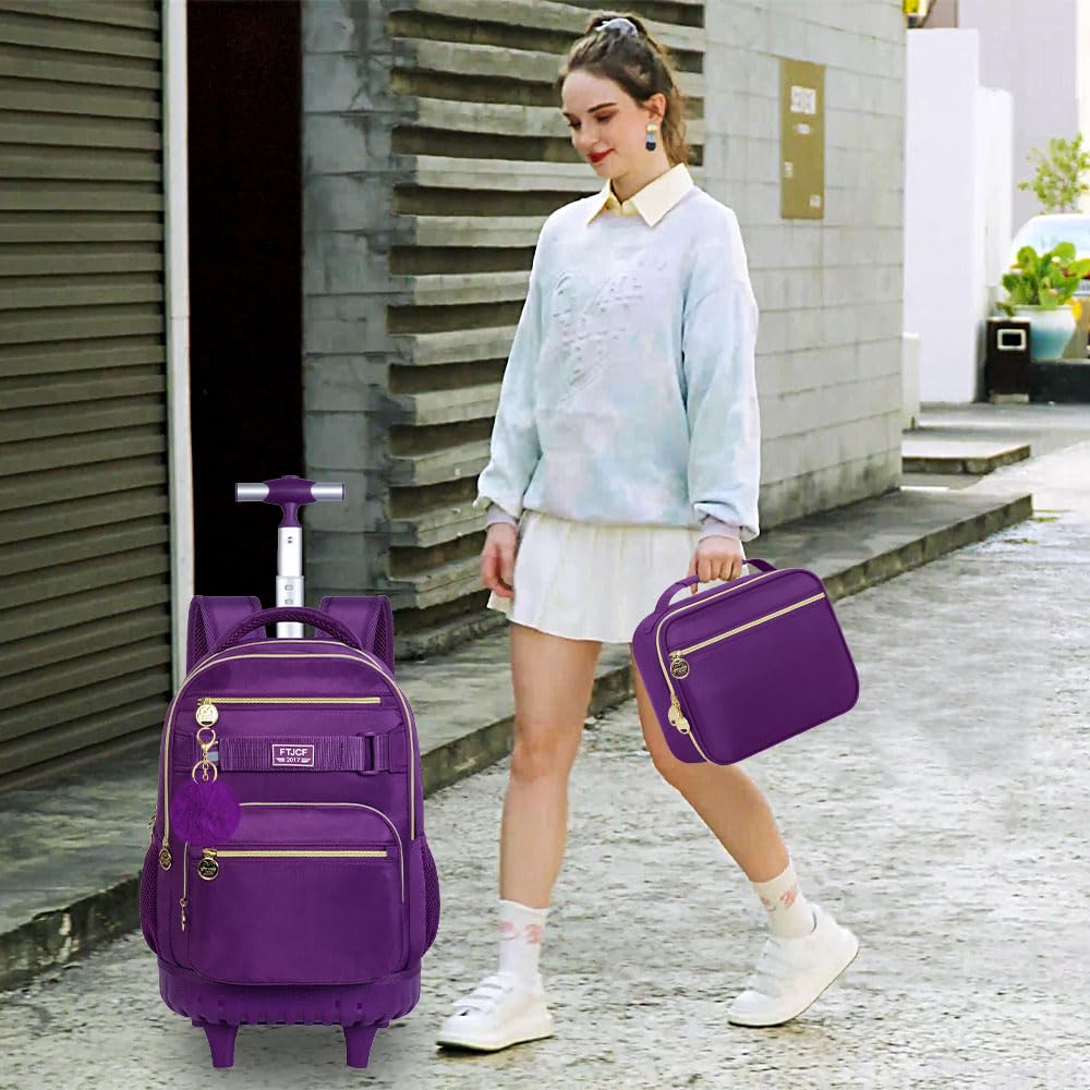 3Pcs Rolling Backpack for Girls & Women - 19 Inch Wheeled Backpack with Lunch Box, Durable School Bookbag with Wheels for Travel & Commuting (Deep Purple) - Perfect for School, College, Work & Airplane Carry-On