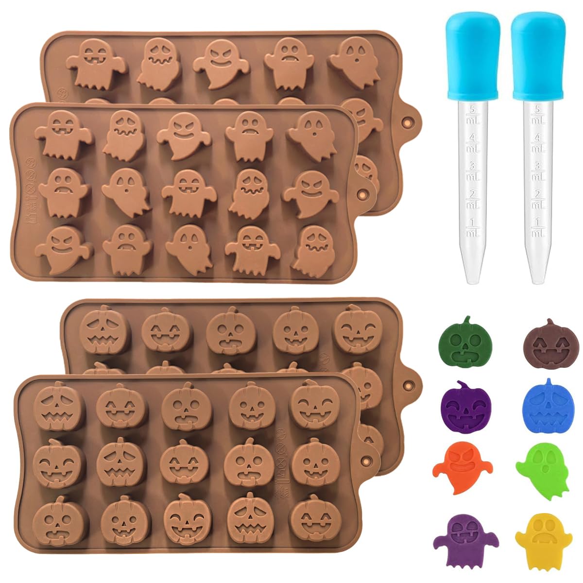 Halloween Silicone Candy Molds 4-Pack - BPA Free Pumpkin & Ghost Chocolate Molds for Candy, Jelly, Wax Melts, Ice Cubes - Perfect for Halloween Party Treats, DIY Desserts & Cake Decorations