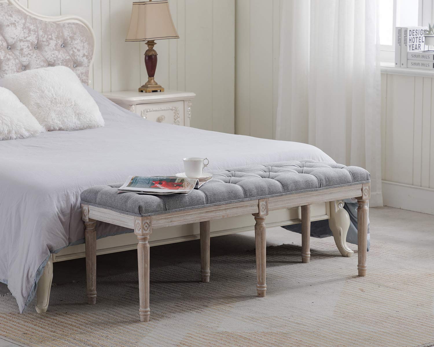 Kmax Upholstered Dining Room Bench - Rustic Living Room Ottoman with Carved Wooden Legs & Gray Fabric - Perfect for Farmhouse Dining Sets, Entryway Seating and Bedroom Footrest