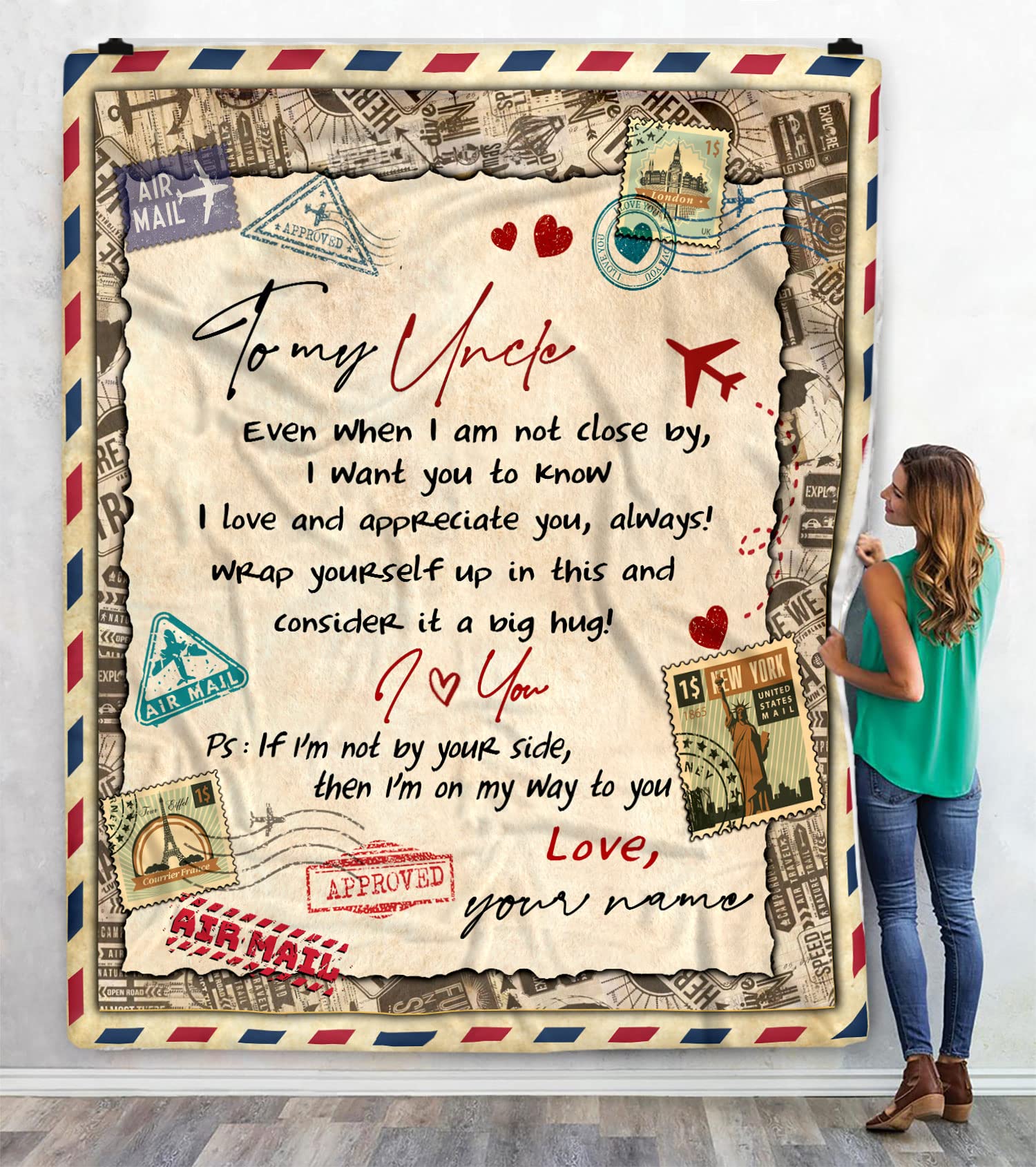 Personalized 'Air Mail Letter to My Uncle' Fleece Throw Blanket - Custom Name I Love You Gift Blanket for Birthday from Nephew/Niece - Cozy Home Decor for Living Room, Bed & Sofa