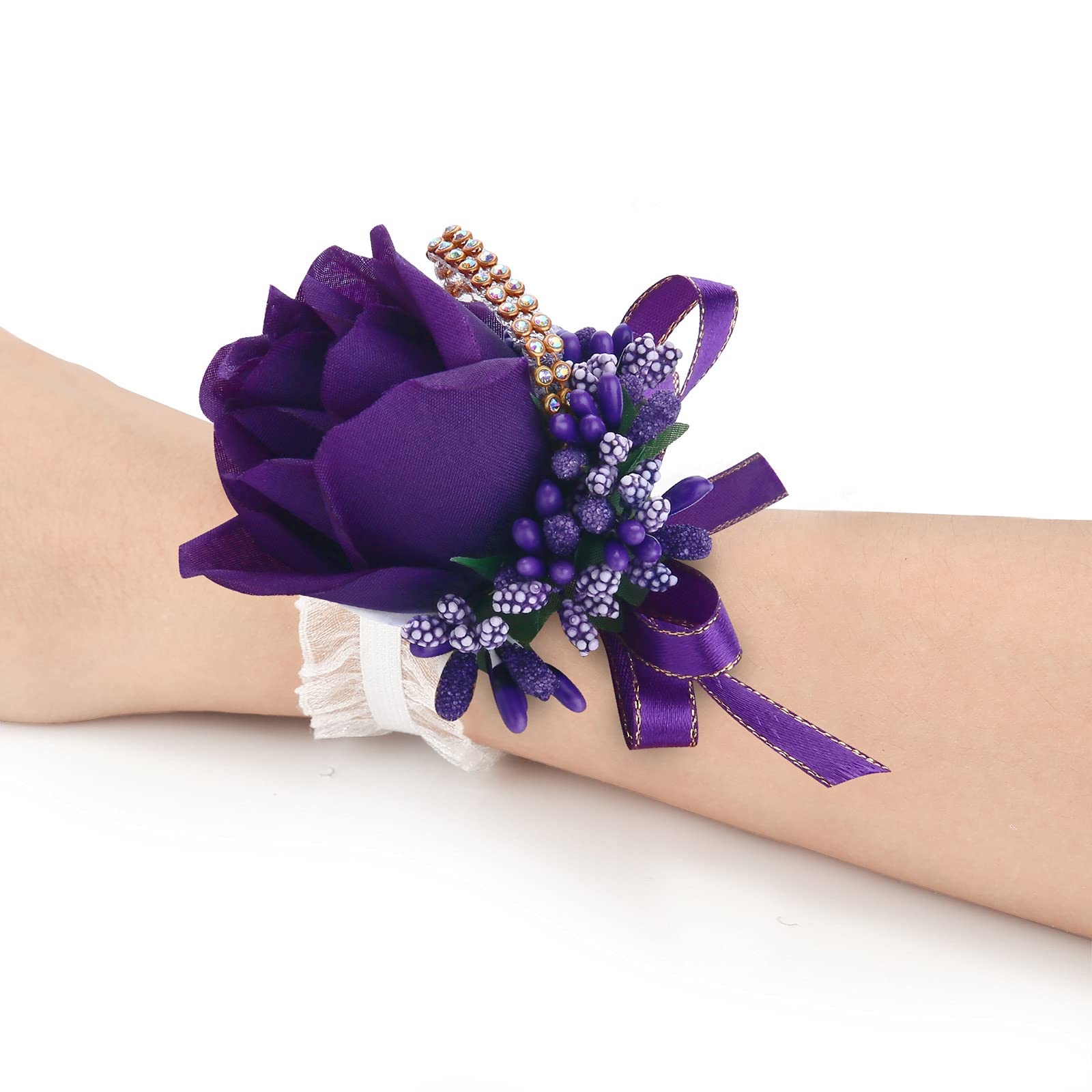 Elegant Purple Rose Wrist Corsage 4 Packs - Wedding Bridesmaid Flower Wristband for Bride, Prom, Party & Special Occasions | Perfect for Ceremonies, Dances, and Formal Events (4-Pack, Purple Rose Wrist Flowers)