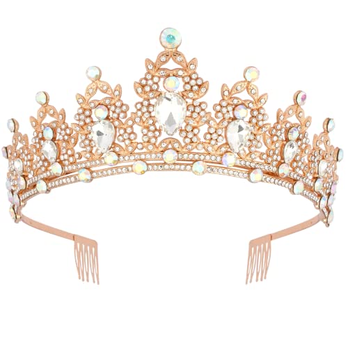 Sparkling AB Crystal Rhinestone Tiara Crown for Women - Gold Queen Headband with Comb for Prom, Pageant, Halloween, Birthday & Bachelorette Party | Elegant Hair Accessories & Gifts for Women, Brides, Princess Costume & Special Occasions