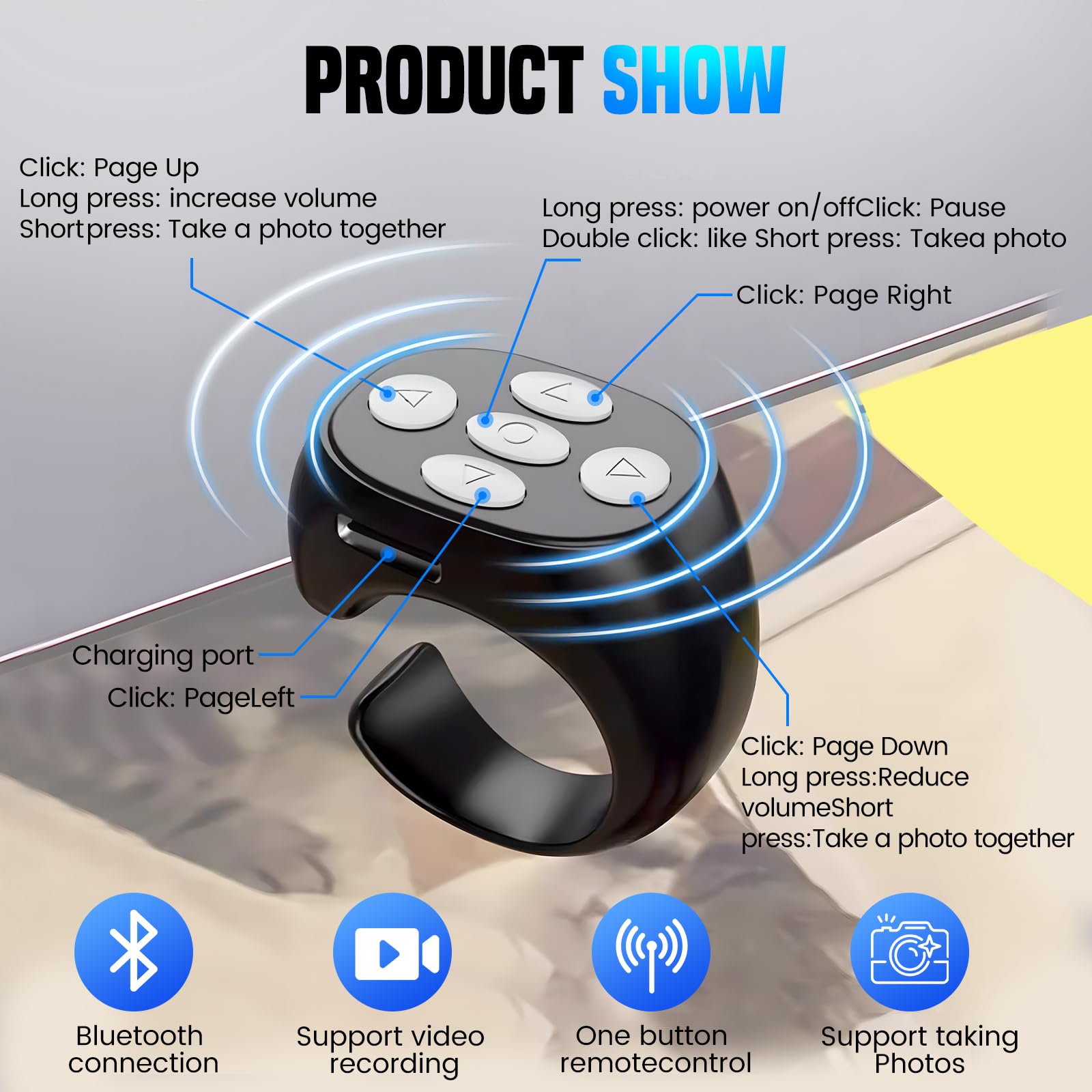 2025 New Wireless Bluetooth Remote Control Ring - Rechargeable Page Turner for Video Scrolling, Camera & Presentations - Black | Perfect for YouTube Creators, Online Teachers & Remote Work