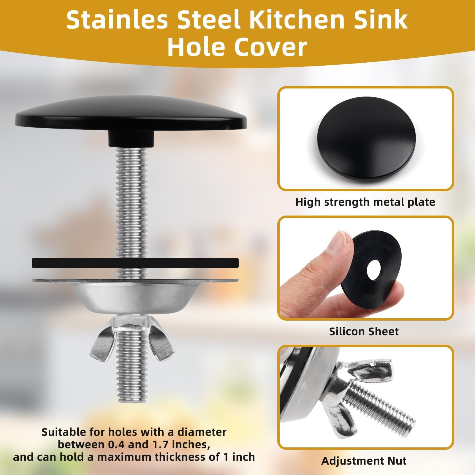 2 Inch Black Metal Sink Hole Cover - Stainless Steel Faucet Plug for Leak Prevention | Kitchen Counter Space Saver