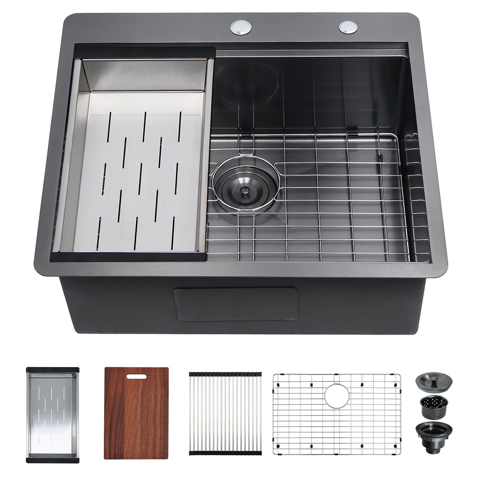 Davivy 25 x 22 x 10 Inch Black Stainless Steel Kitchen Sink - 16 Gauge Gunmetal Drop-in Topmount Single Bowl Workstation Sink for Modern Kitchens | Perfect for Meal Prep, Dishwashing & Small Space Cooking