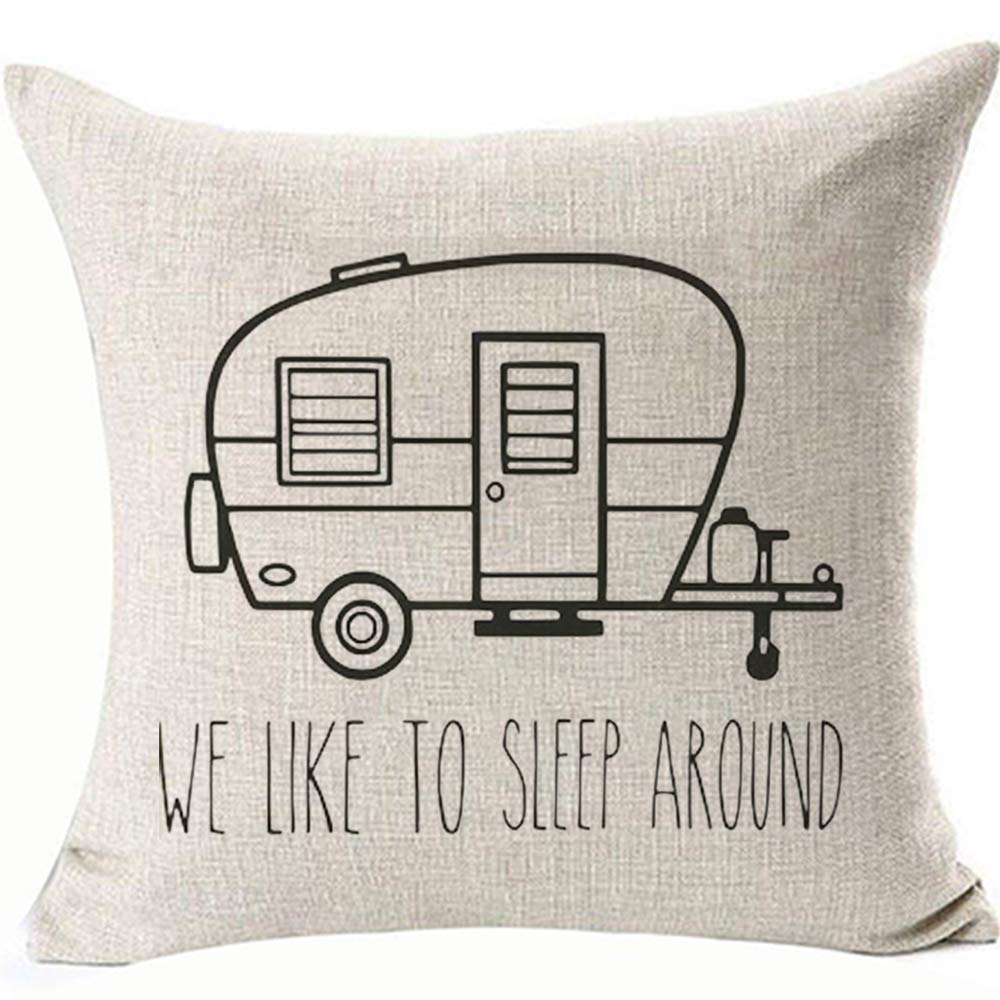 Funny RV Camper Pillow Covers - 18x18 Inch Outdoor Camping Decor with Invisible Zipper - Humorous 'We Like to Sleep Around' Design - Perfect for Travel Trailers, Motorhomes & Cabin Decor