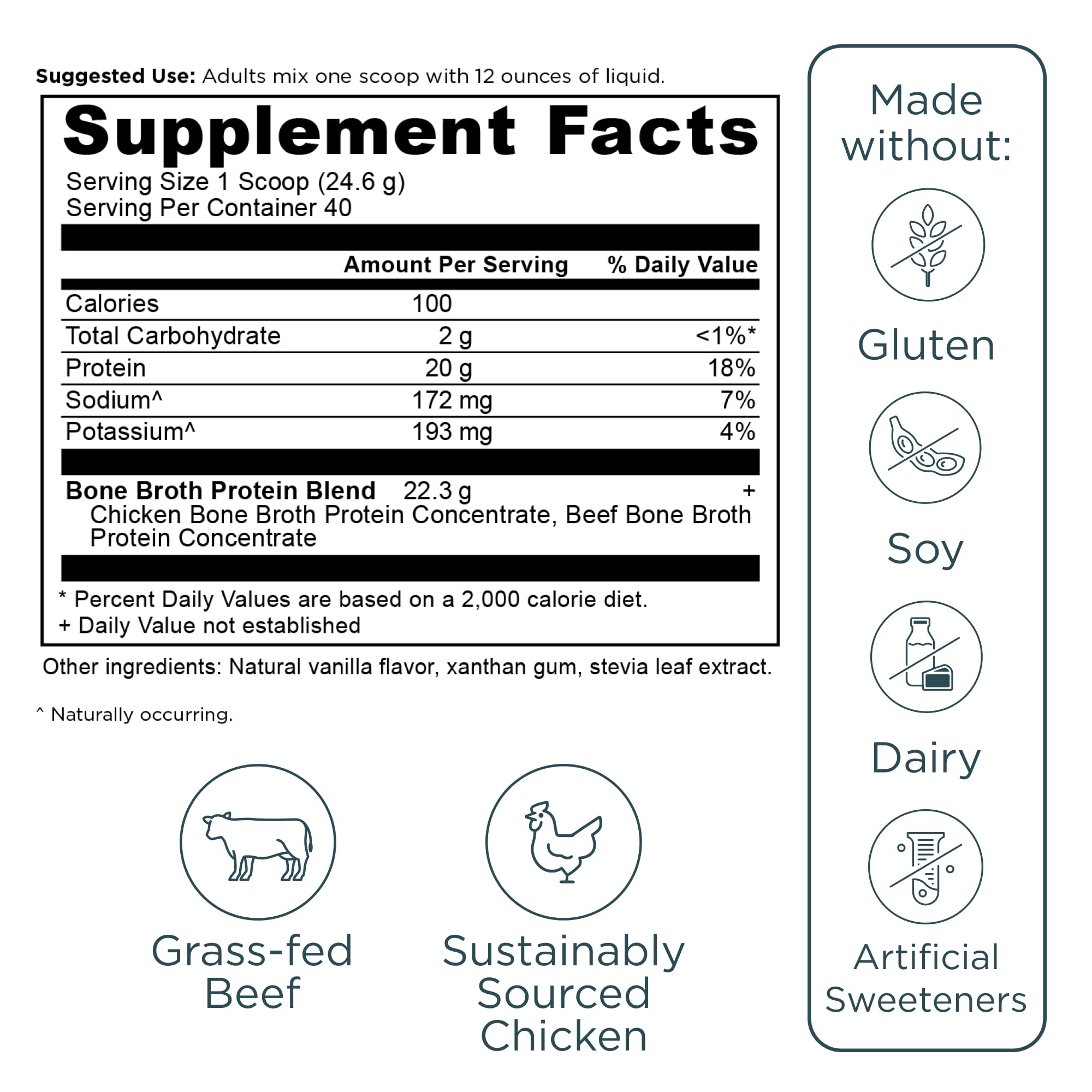 Ancient Nutrition Grass Fed & Cage Free Bone Broth Protein Powder - 20g Protein, Hydrolyzed Collagen Peptides with Glucosamine & Chondroitin for Joint & Gut Health - Vanilla Flavor (40 Servings) - Ideal for Post-Workout Recovery, Keto & Paleo Diets