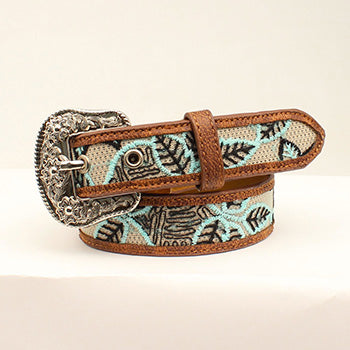 Angel Ranch Girls Brown & Mint Leaf Patterned Belt - Stylish Western Accessory for Cowgirl Outfits & Country Fashion