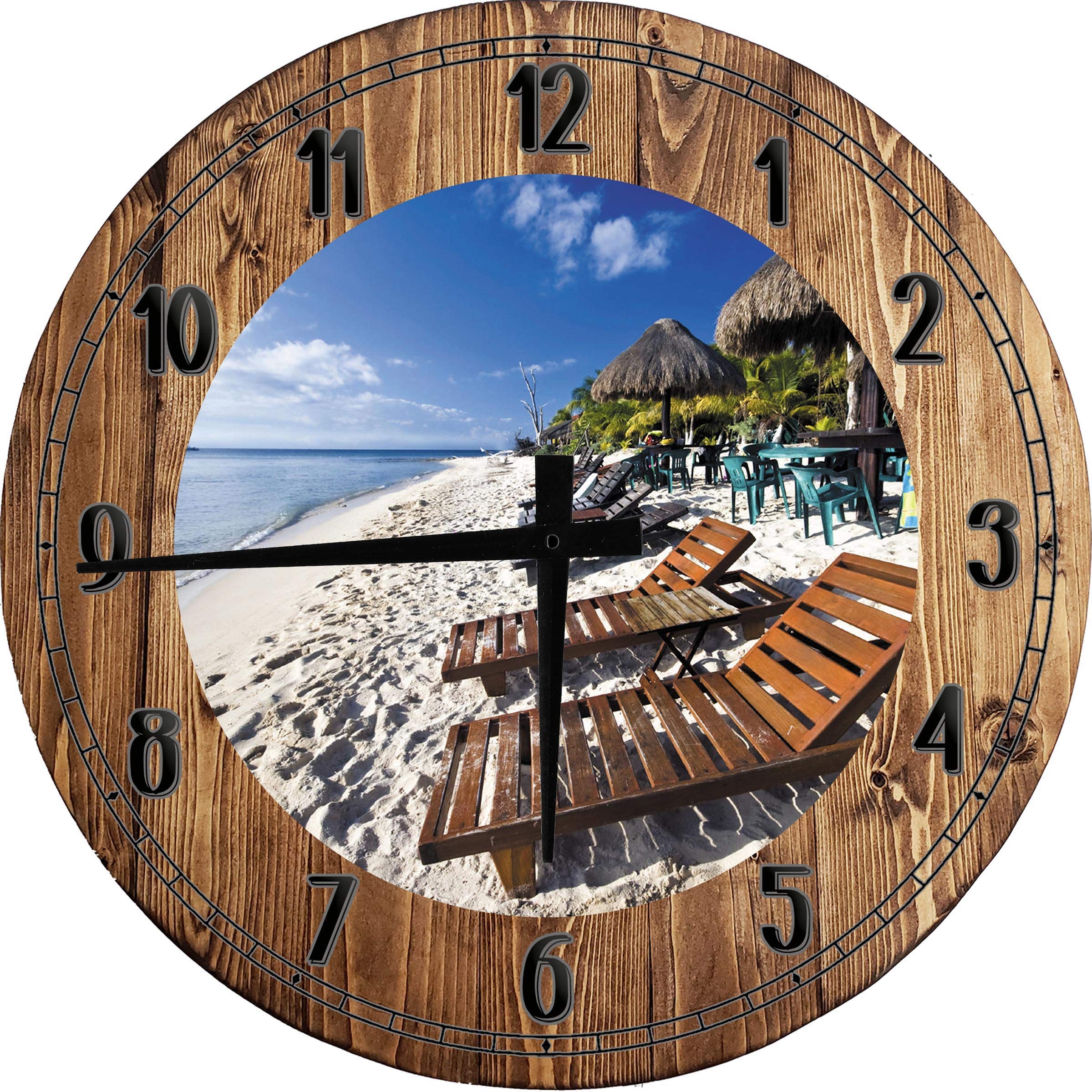 CAPS SUPPLY.COM Premium Ocean Beach Lounge Chairs & Tiki Huts - Large Round Wood Wall Clock Decor (10 Inch Brown) - Coastal Vacation Home Decor for Patio, Backyard & Beach House