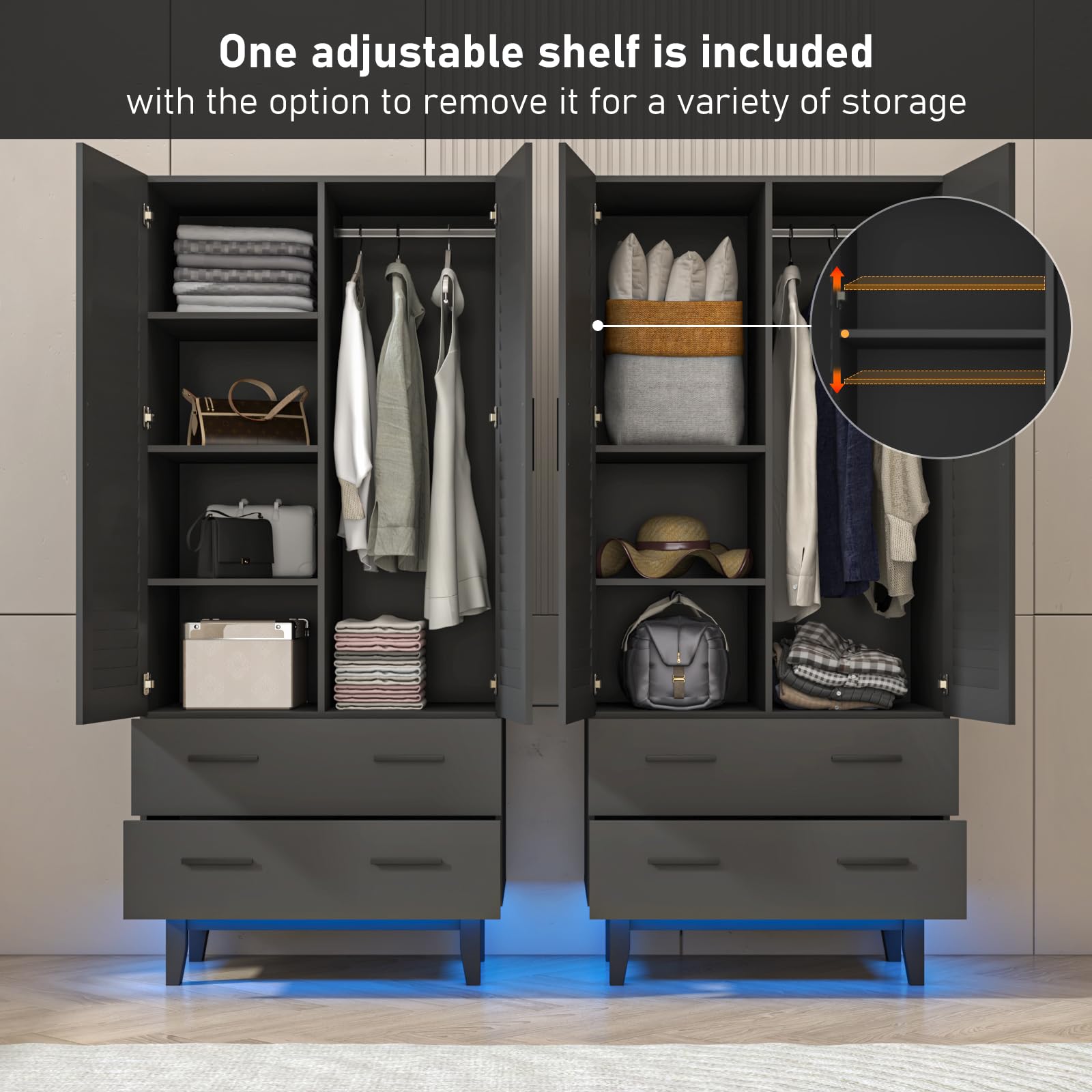 2 Door Wardrobe with LED Lights & Shelves - Large Storage for Bedroom Closet Organization