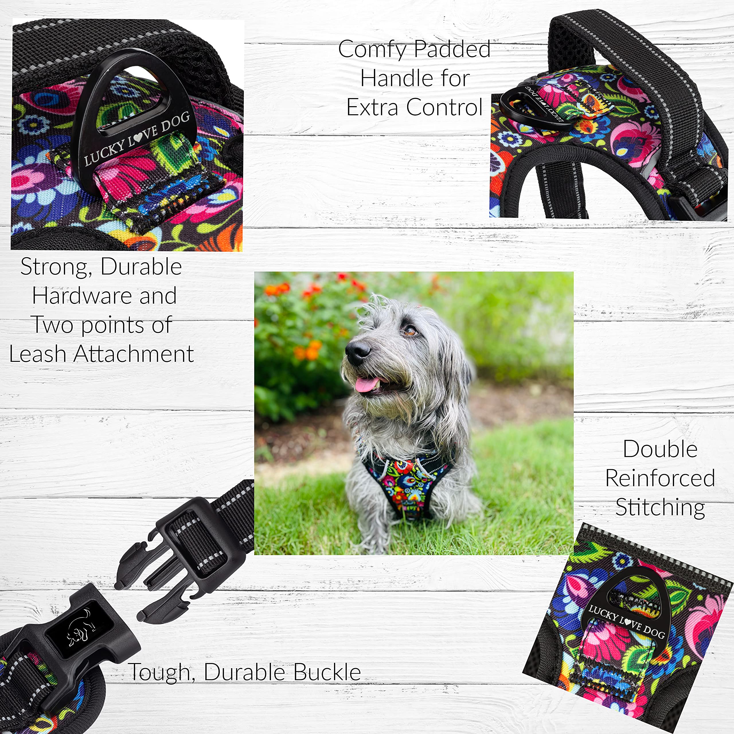 Lucky Love No Pull Dog Harness - Adjustable Pet Harness for Small Medium Large Dogs with Cute Floral Pattern (Blackbird, Small) | Perfect for Walking, Training & Outdoor Adventures