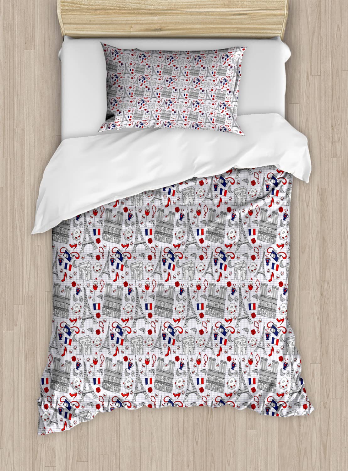 Ambesonne Paris Themed Duvet Cover Set - Queen Size 2-Pack with Eiffel Tower & French Landmarks, Includes 2 Duvet Covers & 4 Pillowcases | Perfect for Paris-Themed Bedrooms, Travel Enthusiasts & Gift Giving