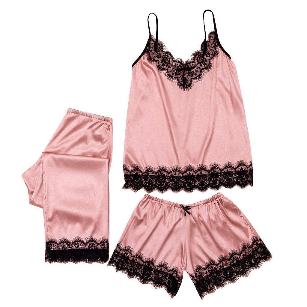 Guldnds Women's 3PC Satin Sleepwear Set - Sexy Lingerie with Camisole, Bow Skirt & Pajama Pants - Lace Trim Comfortable Pajamas for Sleep, Lounge & Romantic Nights