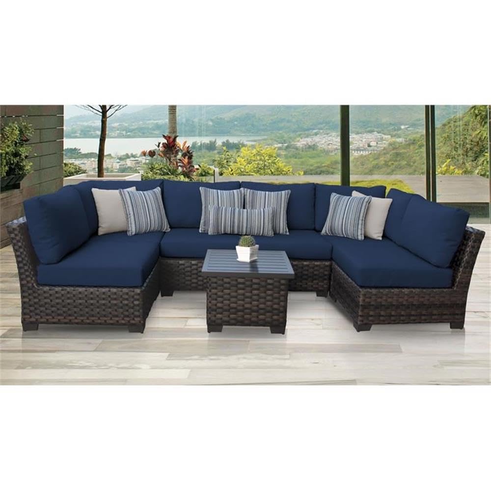 TK Classics Kathy Ireland River Brook 7-Piece Outdoor Wicker Patio Furniture Set in Navy - Perfect for Backyard, Poolside & Garden Relaxation