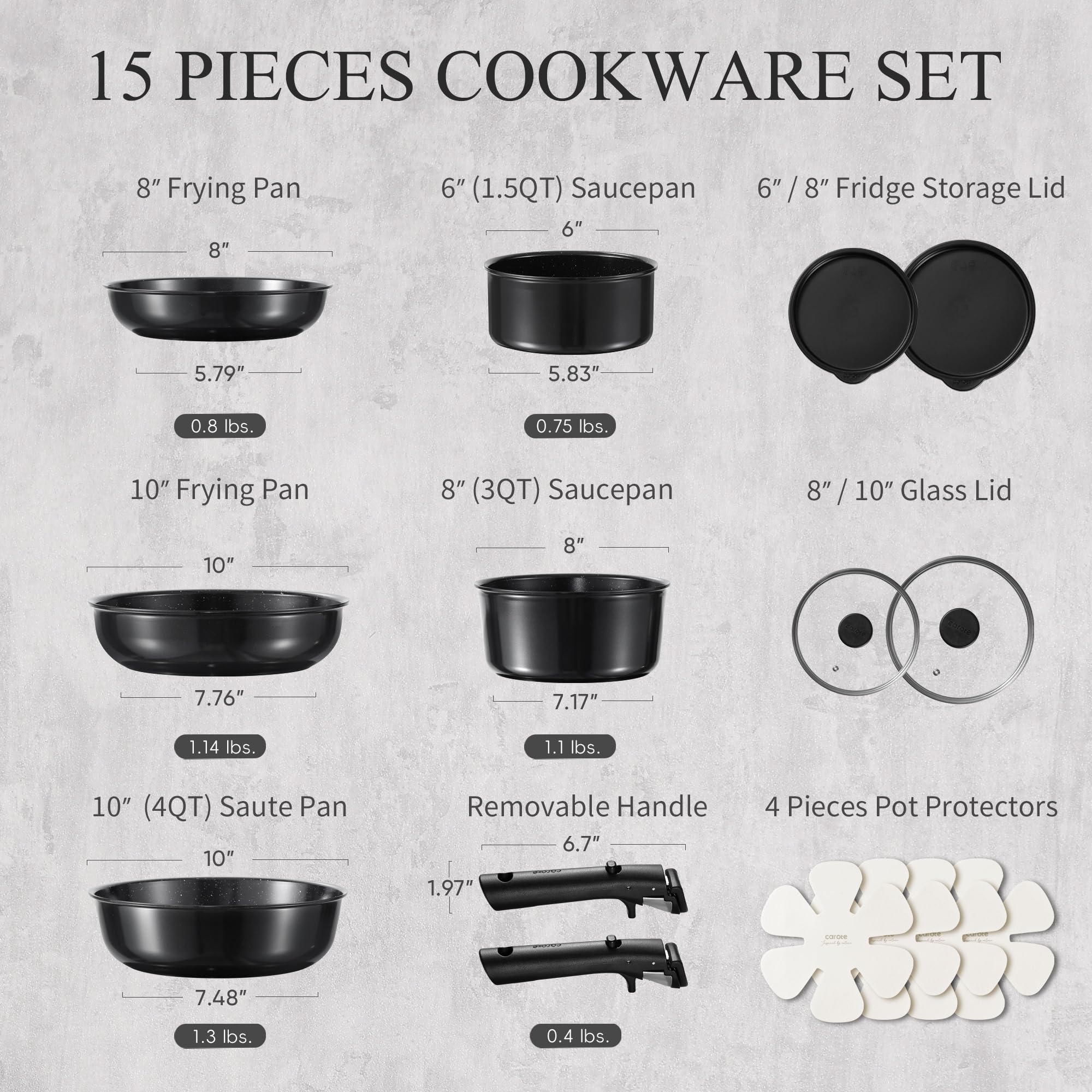CAROTE 15-Piece Ceramic Non-Stick Cookware Set - Pots and Pans Set for Induction Stove, RV & Kitchen | Detachable Handle, Dishwasher & Oven Safe, Black | Perfect for Home Cooking, Camping & Small Spaces