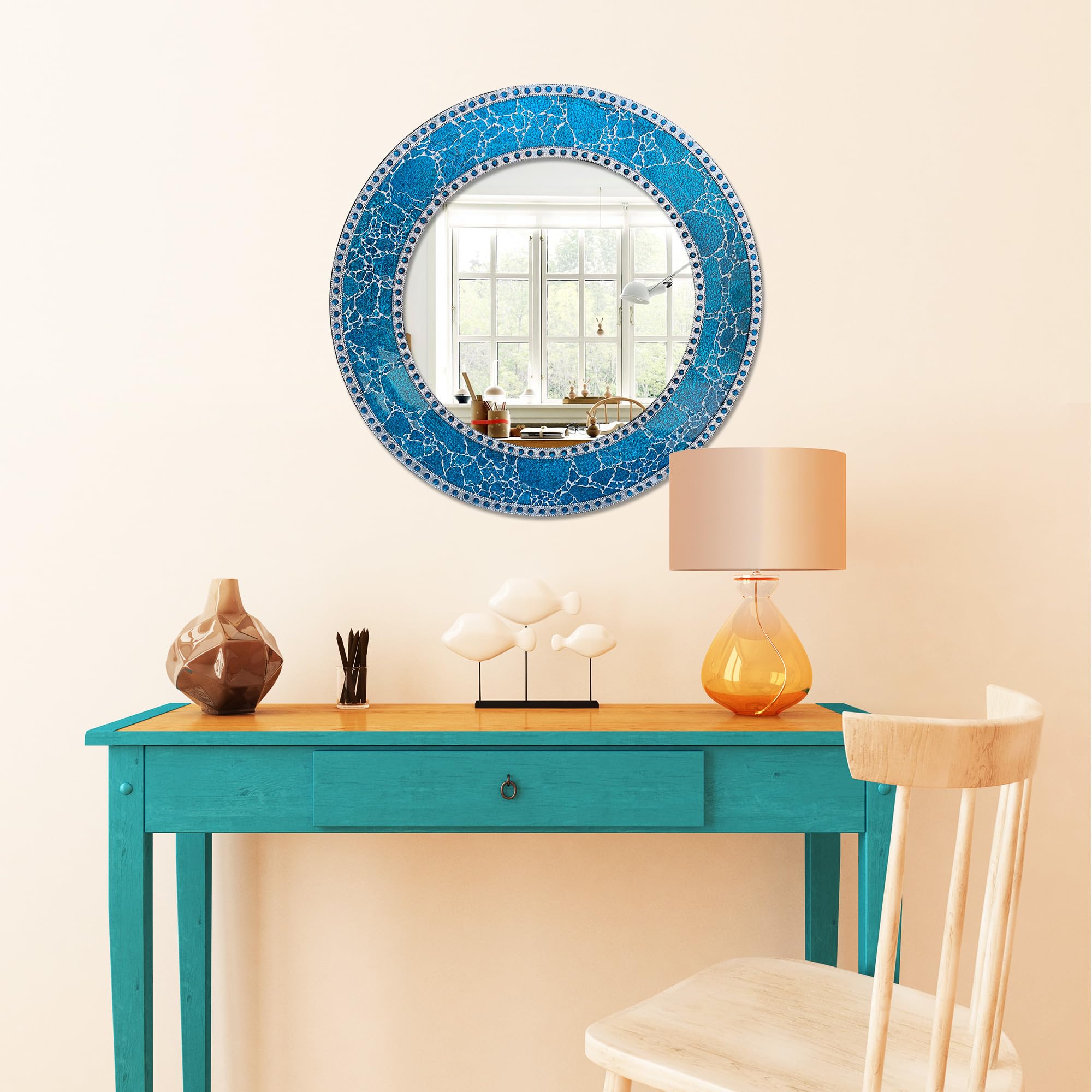 24-Inch Round Crackled Glass Mosaic Wall Mirror in Sapphire Blue - Decorative Bathroom Vanity Mirror, Bedroom Accent Mirror for Home Decor