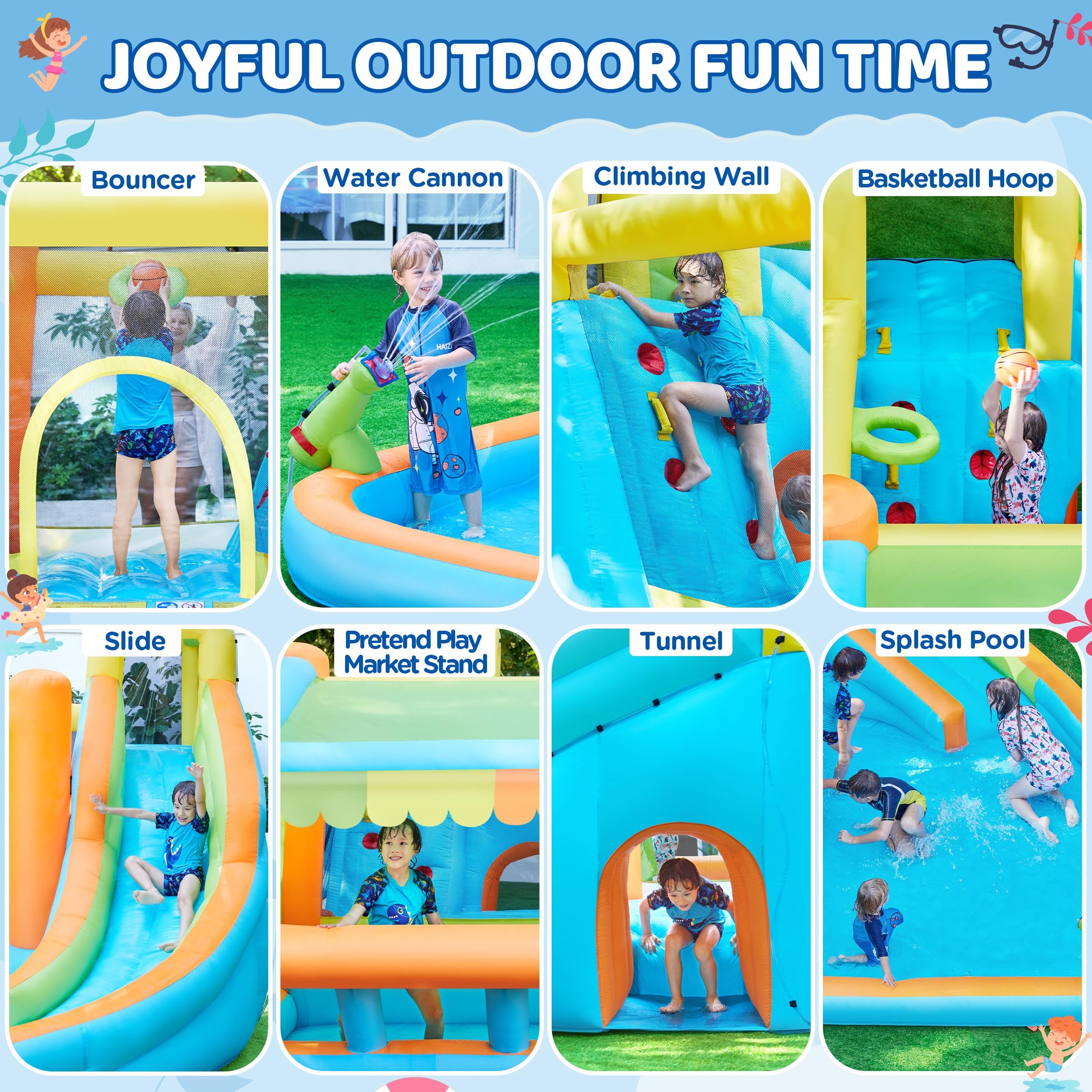 Yaheetech Inflatable Bounce House for Kids Ages 3-10 - Water Bouncer Castle with Splash Pool, Toy Market Stand, Slide & Climbing Wall | Includes 520W Blower & Storage Bag | Perfect for Outdoor Backyard Parties, Birthday Celebrations & Summer Water Play