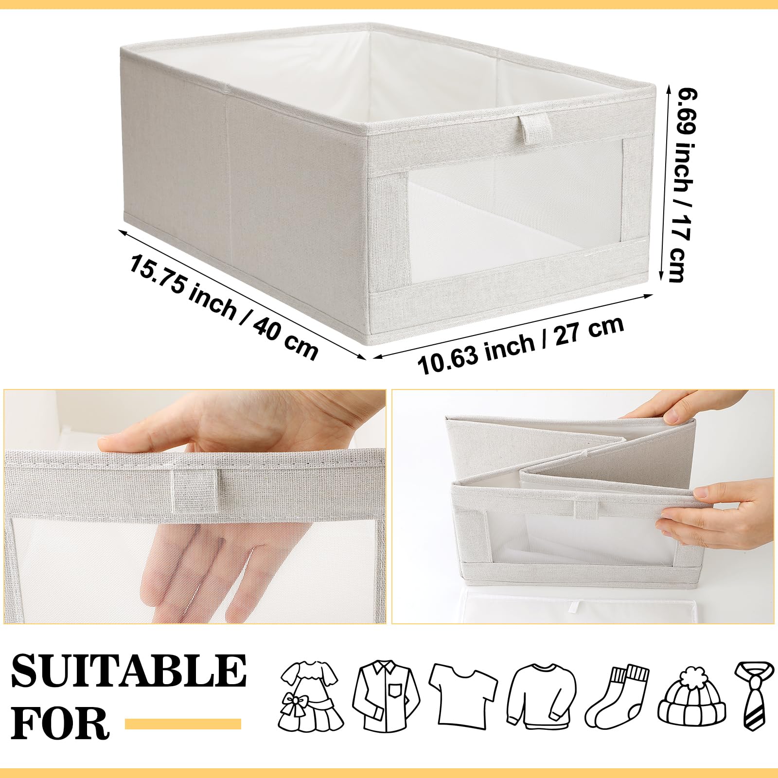 Kigley 8-Piece Linen Closet Organizer Set - Foldable Storage Bins with Window for Clothes, Jeans & Toys - Beige Fabric Shelving Baskets for Bedroom, Nursery & Closet Organization