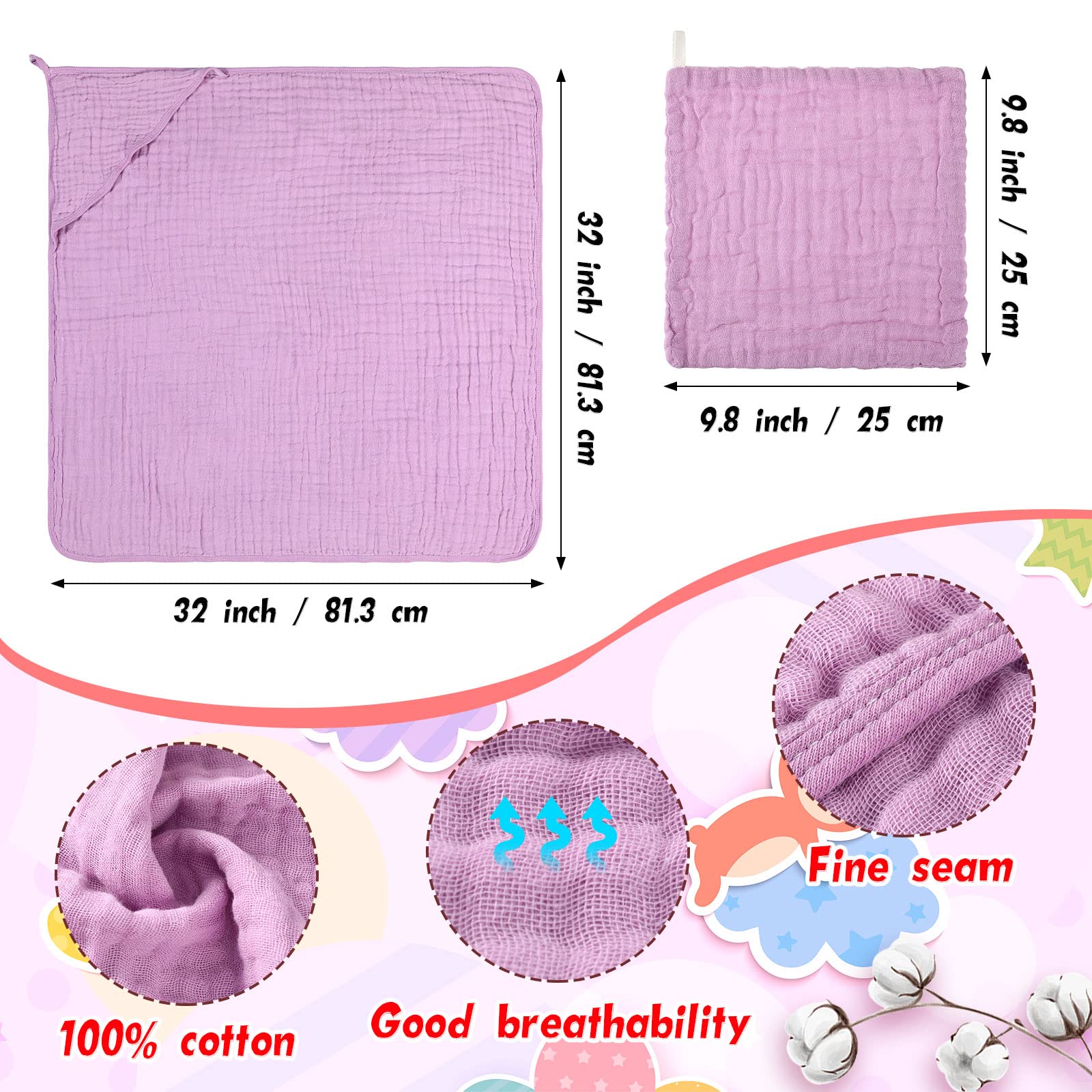 6 Sets Baby Hooded Bath Towels - Soft 100% Cotton Muslin Washcloths for Newborns & Toddlers (32