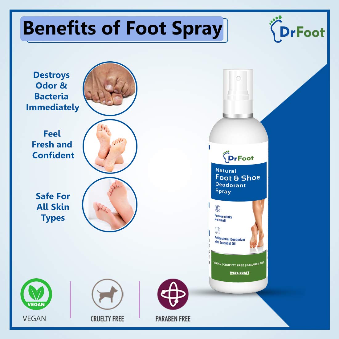Dr. Foot Natural Unisex Foot & Shoe Deodorant Spray with Essential Oils - Odor Eliminator for Smelly Feet & Shoes | Sanitizing Foot Spray | Shoe Freshener & Odor Remover (1 Count) - Perfect for Gym, Sports, Work Boots & Daily Foot Care