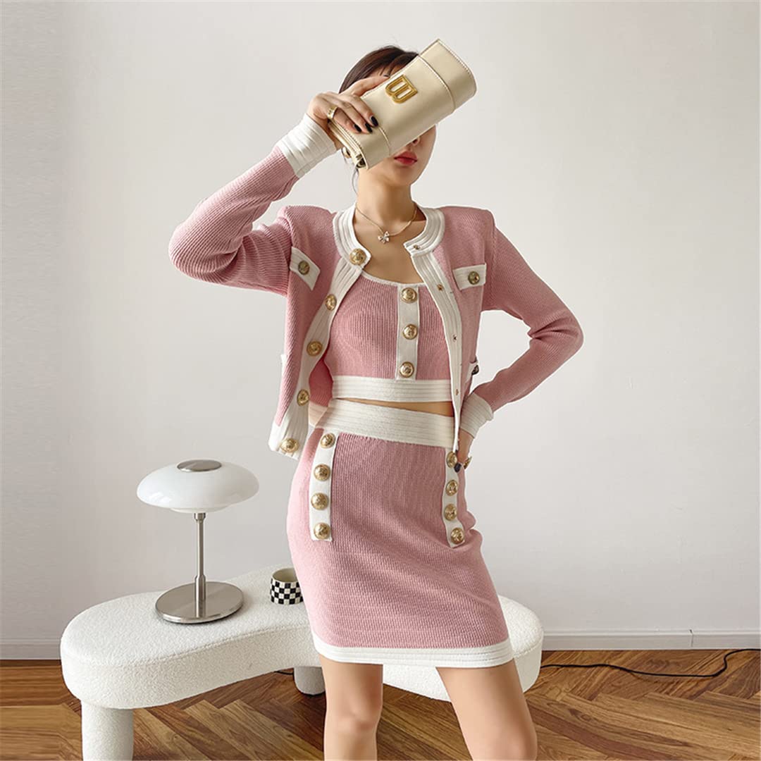 Elegant Women's Knit Vest Cardigan and Skirt Set - Black O-Neck Designer Outfit for Work, Office & Casual Wear | Fall Winter Fashion