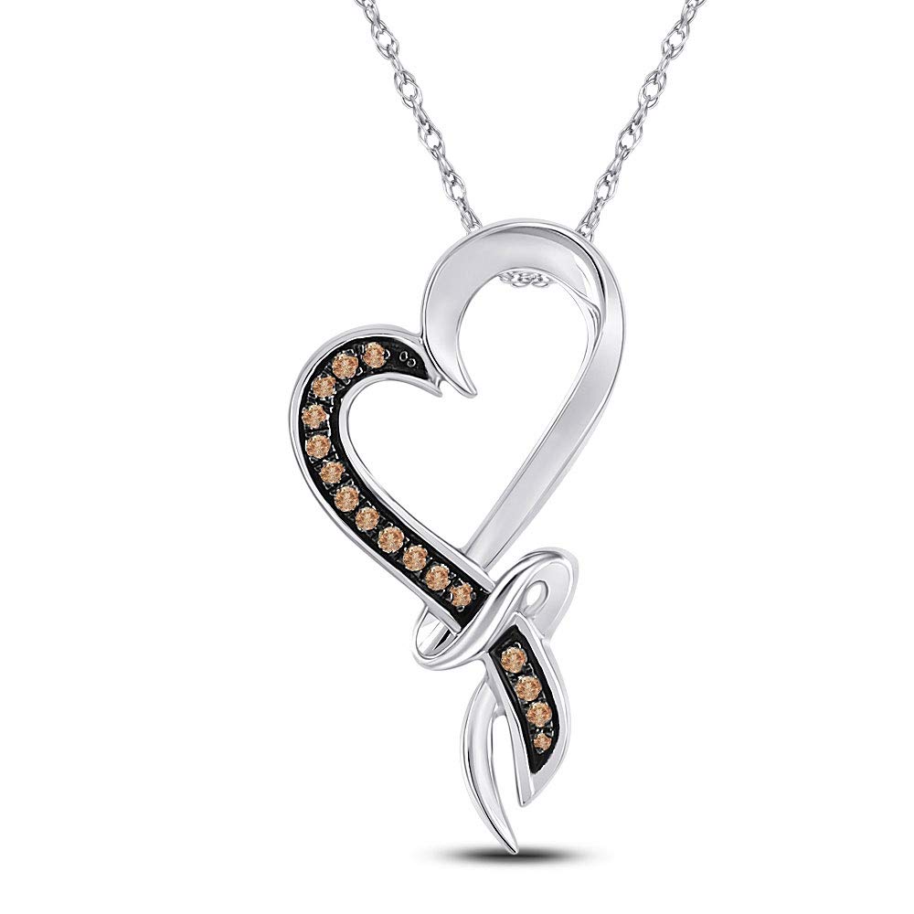 10K White Gold Women's Round Brown Diamond Heart Pendant Necklace - 1/10 CTTW - Perfect for Valentine's Day Gifts, Anniversary Presents & Romantic Occasions