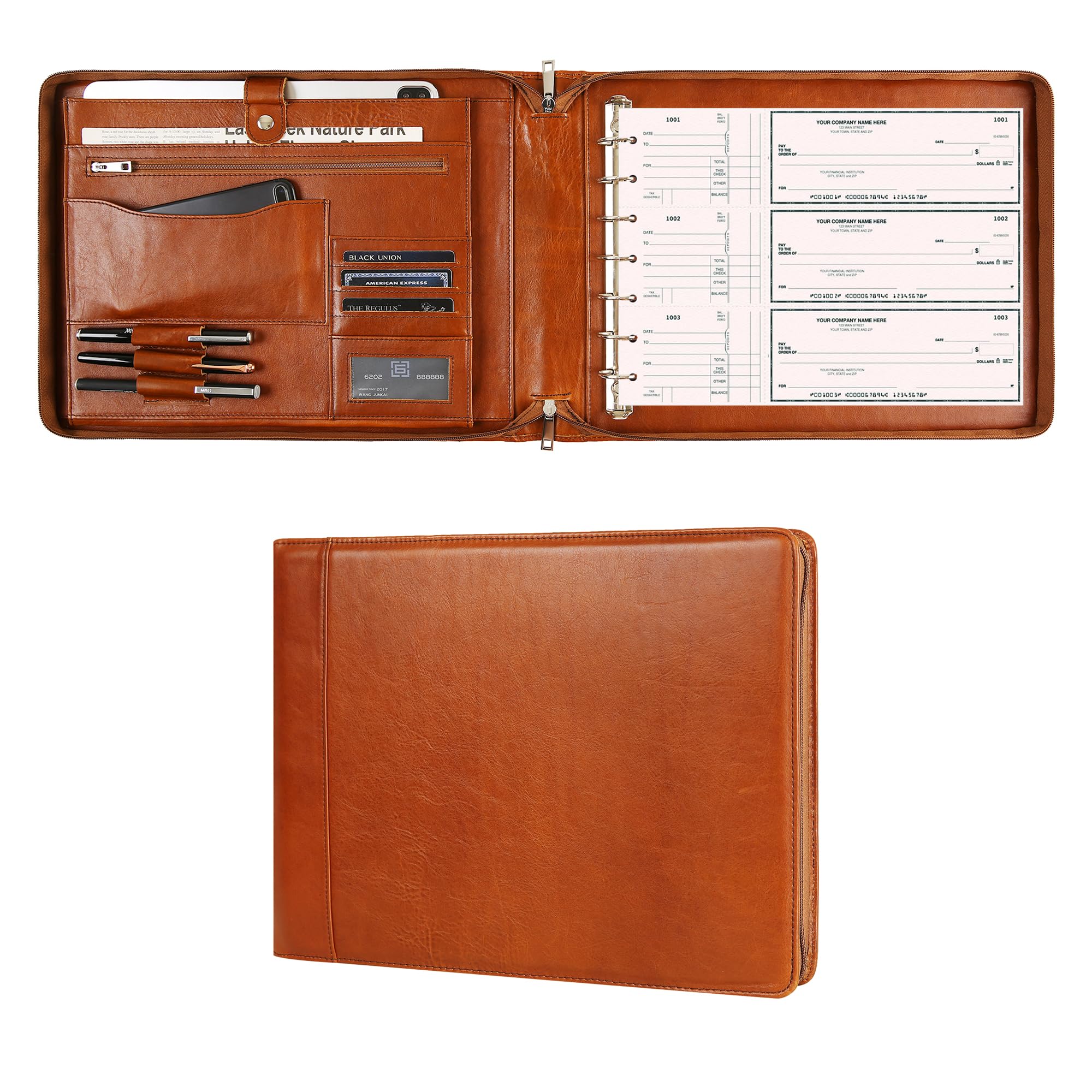 Premium Leather Business Checkbook Binder - 7-Ring Zippered Organizer with Checkbook Holder for 3 Per Page Checks, Holds 600 Checks & 9x13 Inch Sheets, Oil Brown - Ideal for Office, Accounting & Financial Management