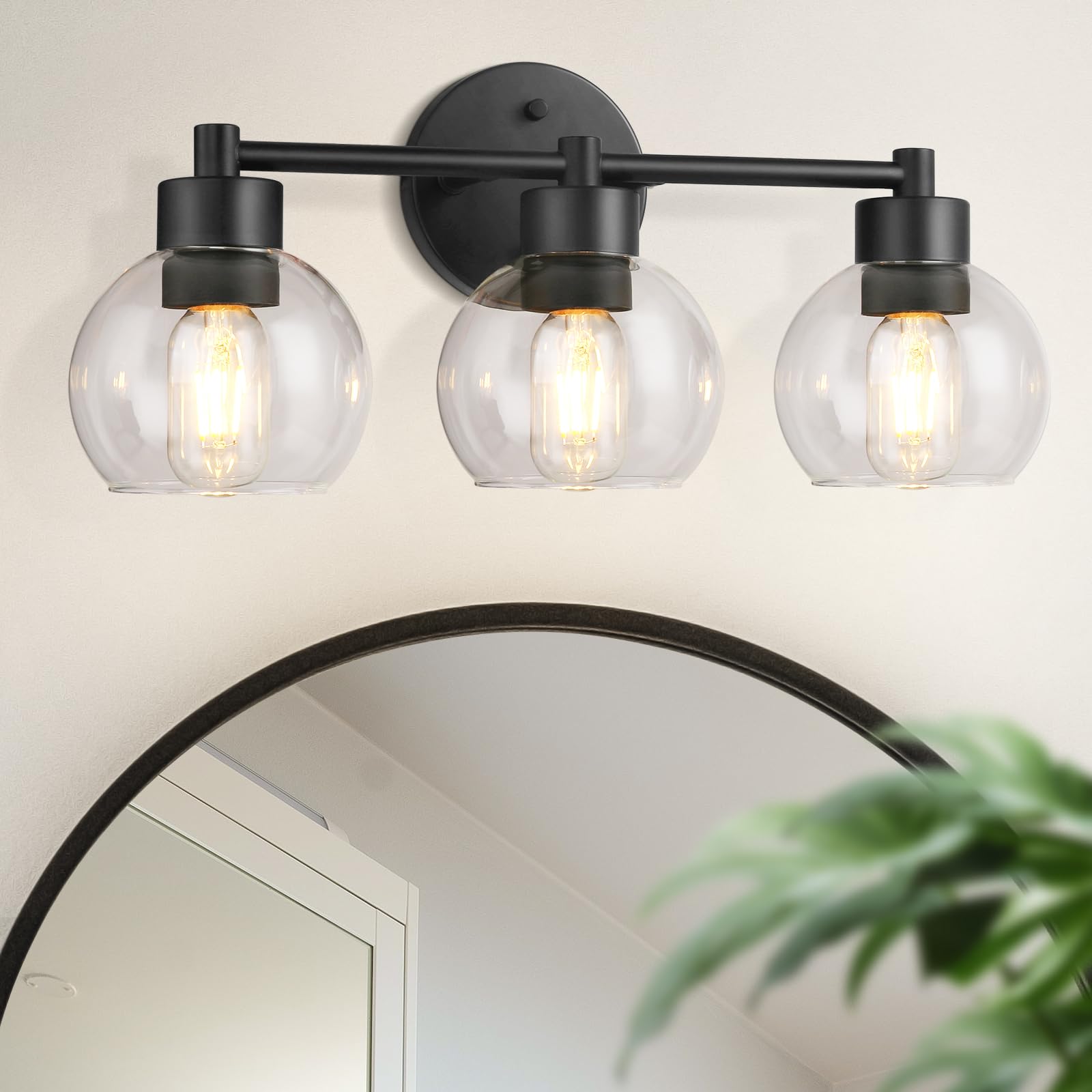 DEERINE 3-Light Black Modern Bathroom Vanity Light Fixture with Globe Glass Shade - ETL Listed Wall Lighting for Mirror, Kitchen, Bedroom & Living Room - Perfect for Home Decor and Ambient Lighting