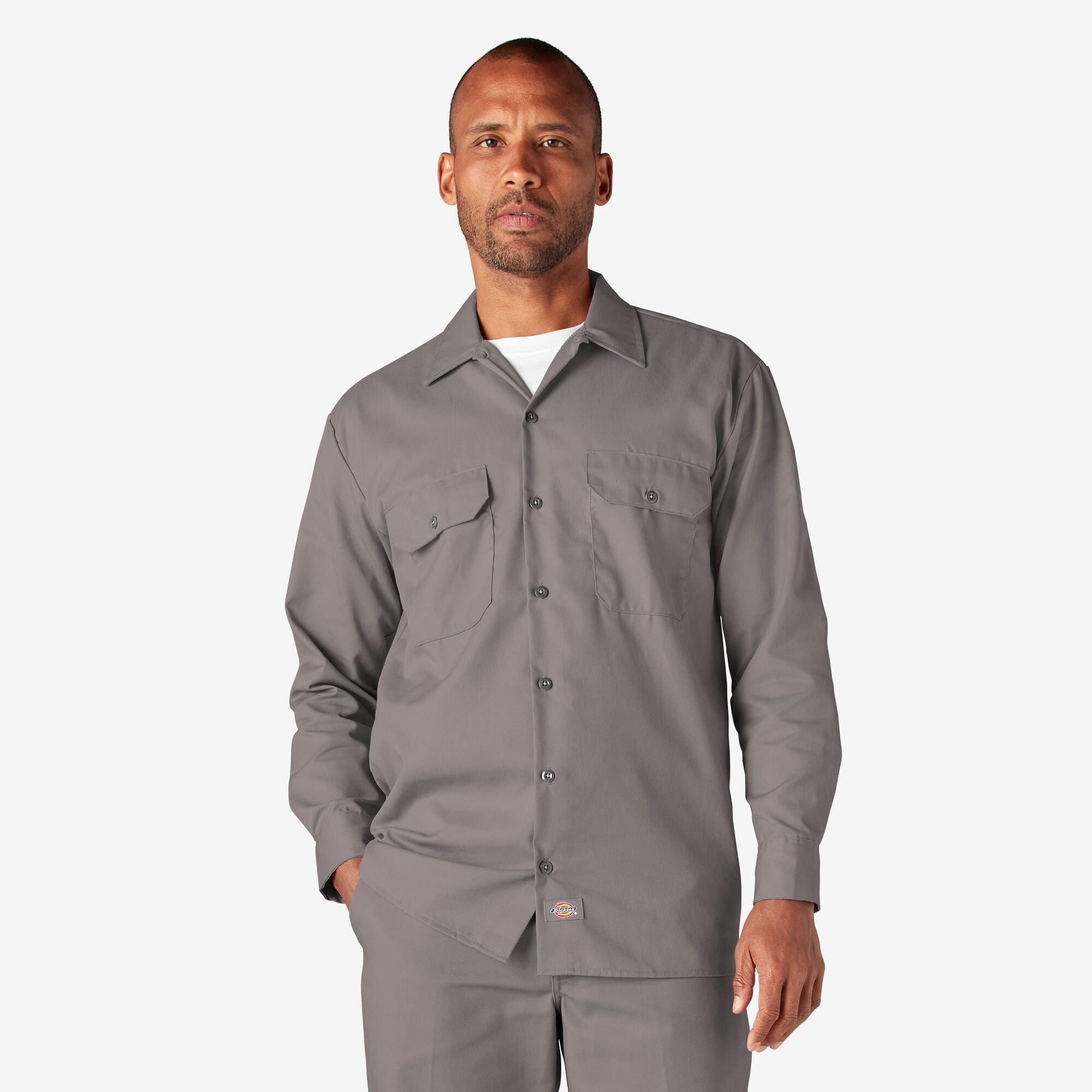 Men's Long Sleeve Work Shirt - Durable Silver Button Down Shirt for Construction, Mechanics & Outdoor Work | Professional Workwear for Men