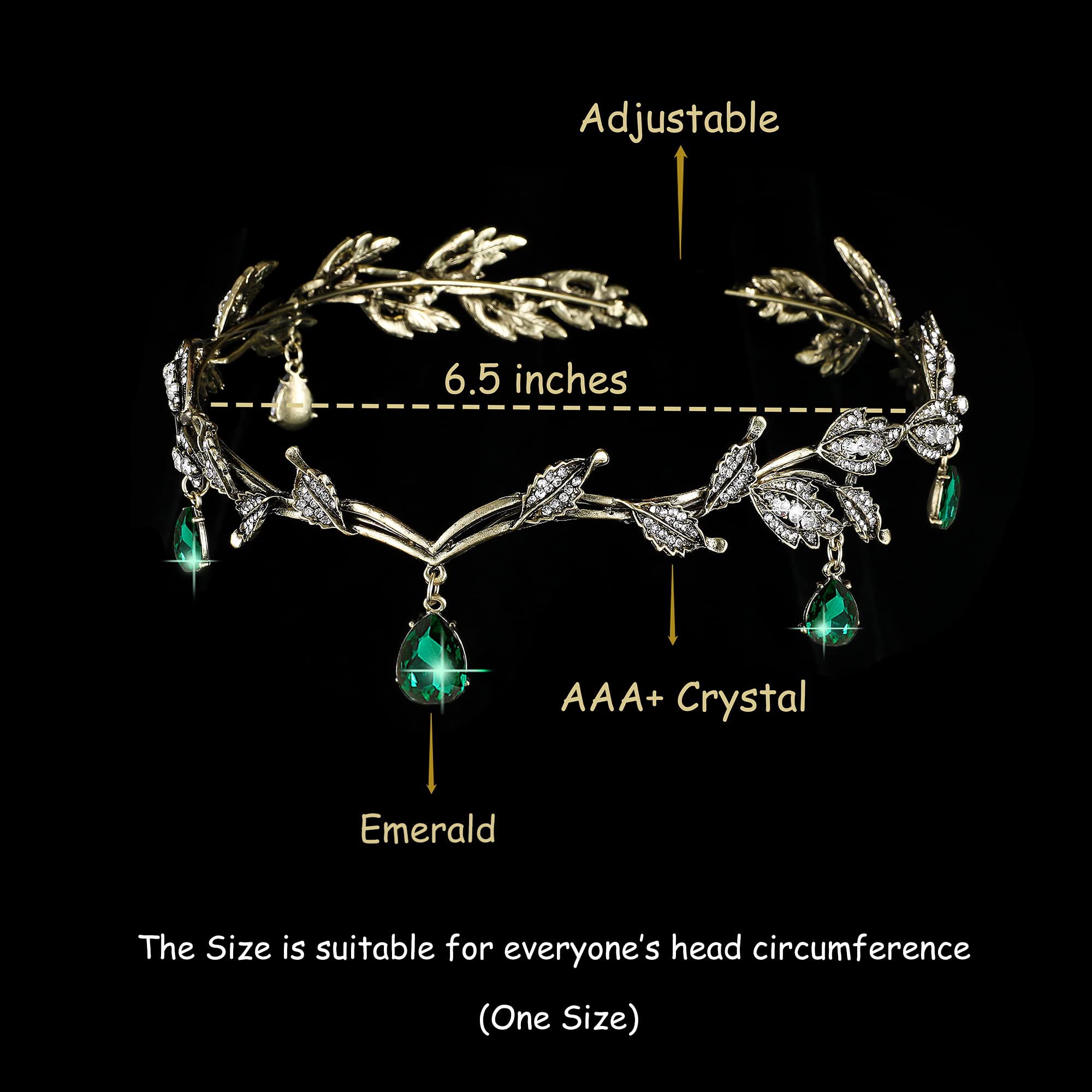 Dark Green Fairy Leaf Crown Tiara with Emerald & Rhinestones – Forest Elf Headpiece for Women & Girls – Pixie Dress Accessories, Garden Fairy Costume Jewelry – Perfect for Halloween Cosplay, Renaissance Fairs & Fantasy Themed Parties