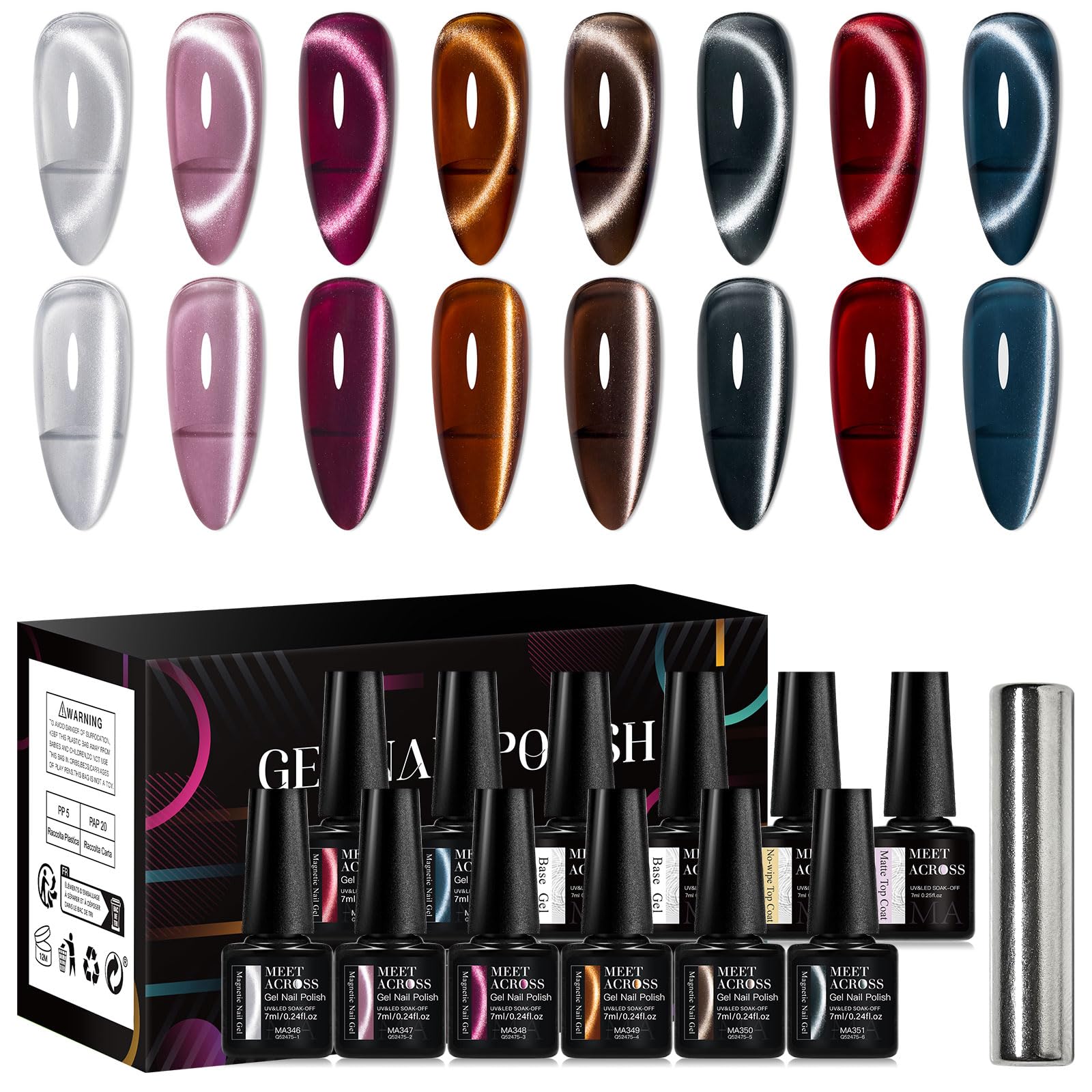 MEET ACROSS 12-Piece Cat Eye Gel Nail Polish Set - Fall Winter Retro Magnetic Nail Polish Kit in Pink, Brown, Blue, Gray & Green with Base & Top Coat - Soak Off UV Gel for Salon & Home Manicure - Perfect Gift for Nail Art Lovers
