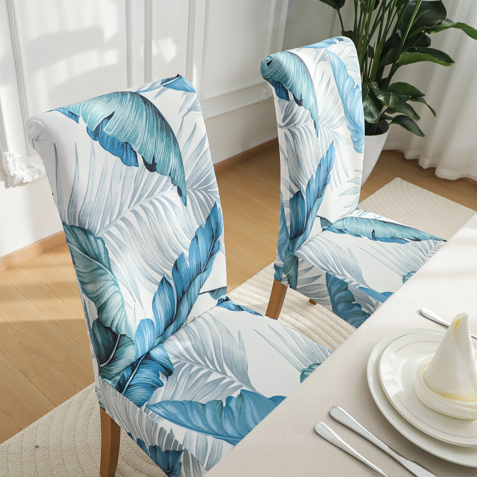 FORCHEER Stretch Dining Chair Covers Set of 6 - Blue Floral Pattern Washable Slipcovers for Kitchen, Parsons & Dining Room Chairs | Perfect for Home Decor, Parties & Daily Use