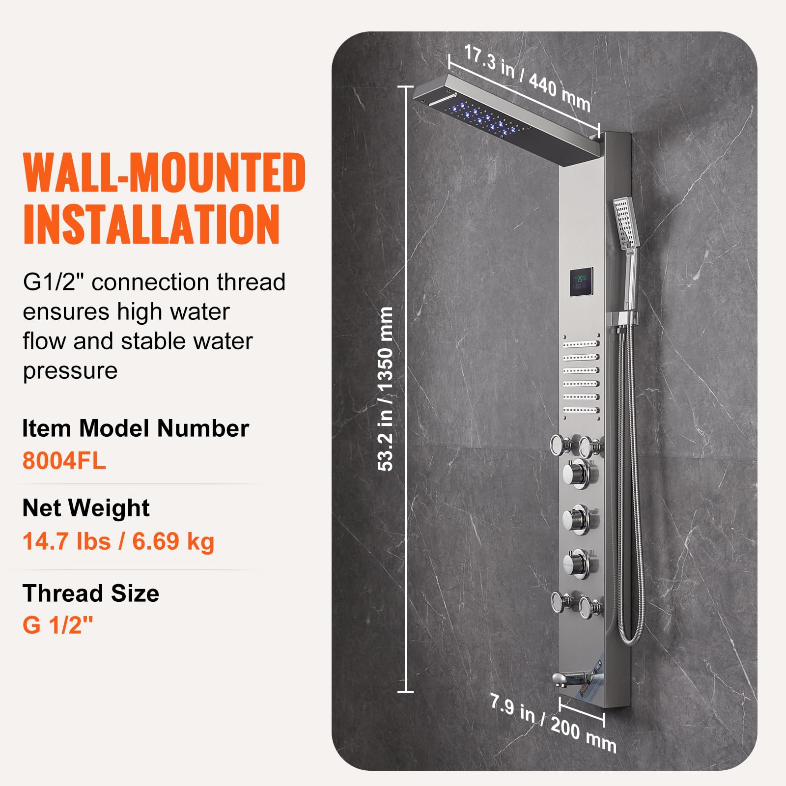 VEVOR Stainless Steel Shower Panel Tower System - 6 Shower Modes (Rainfall, Waterfall, Massage) with LED Screen, Hydroelectric Power, 5 Jets & Handheld Shower - Wall Mounted Bathroom Upgrade for Spa-Like Experience at Home