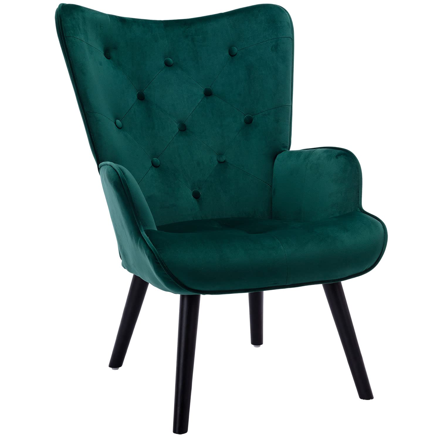 Luxury Velvet Accent Chair - Modern Tufted Wingback Vanity Chair with Solid Wood Legs, Comfortable Upholstered Desk Chair for Living Room, Bedroom & Home Office (Green) | Perfect for Reading Nook, Makeup Vanity & Cozy Relaxation