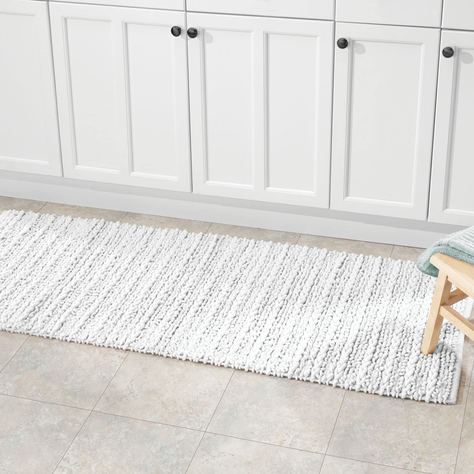 mDesign 3-Piece Cotton Bathroom Rug Set - Absorbent Braided Bath Mat, Vanity Runner & Shower Mat for Master/Guest Bathrooms - Soft & Durable (White, Standard/Small Size) - Perfect for Bathroom Floor Protection & Spa-Style Comfort