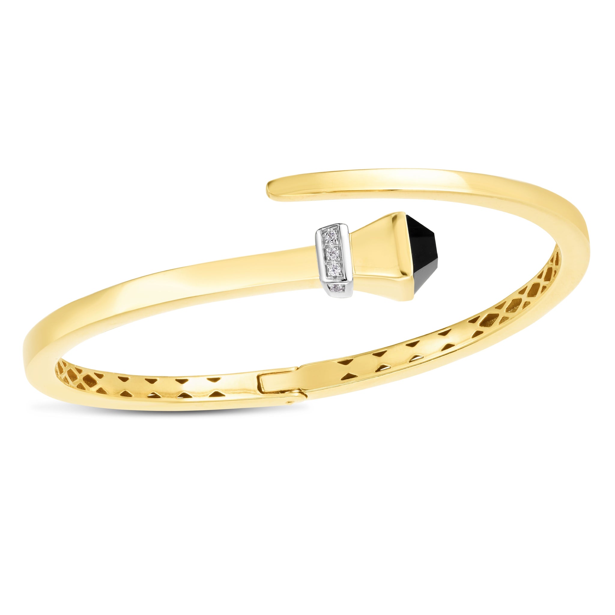 14K Yellow Gold Onyx and Diamond Wrap Bangle Bracelet for Women - Elegant Stackable Jewelry Gift for Birthday, Anniversary & Special Occasions