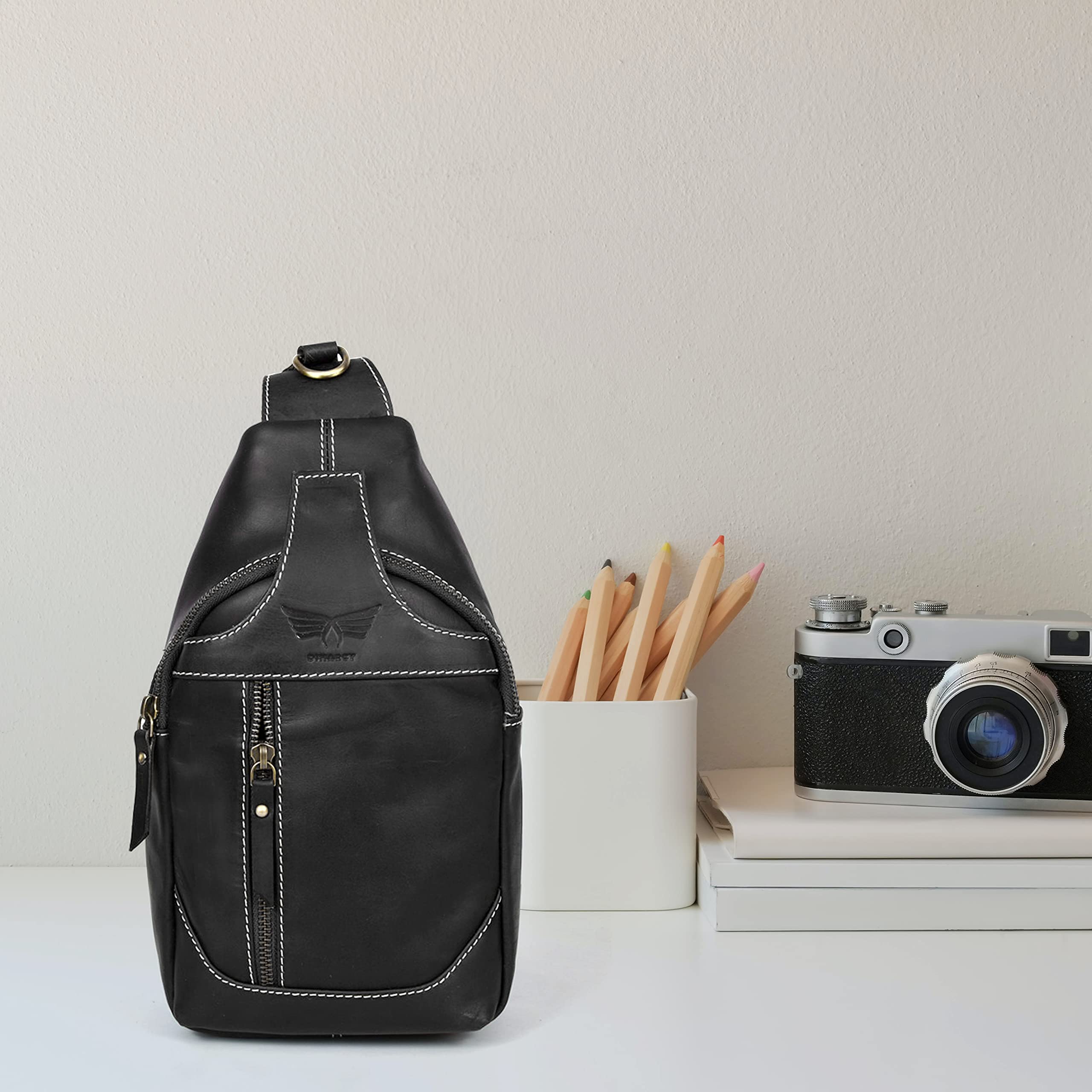 Men's Leather Crossbody Sling Bag - Small Casual Daypack Backpack with Adjustable Shoulder Strap - Multi-Purpose Chest Bag for Travel, Work & Daily Use (Black)