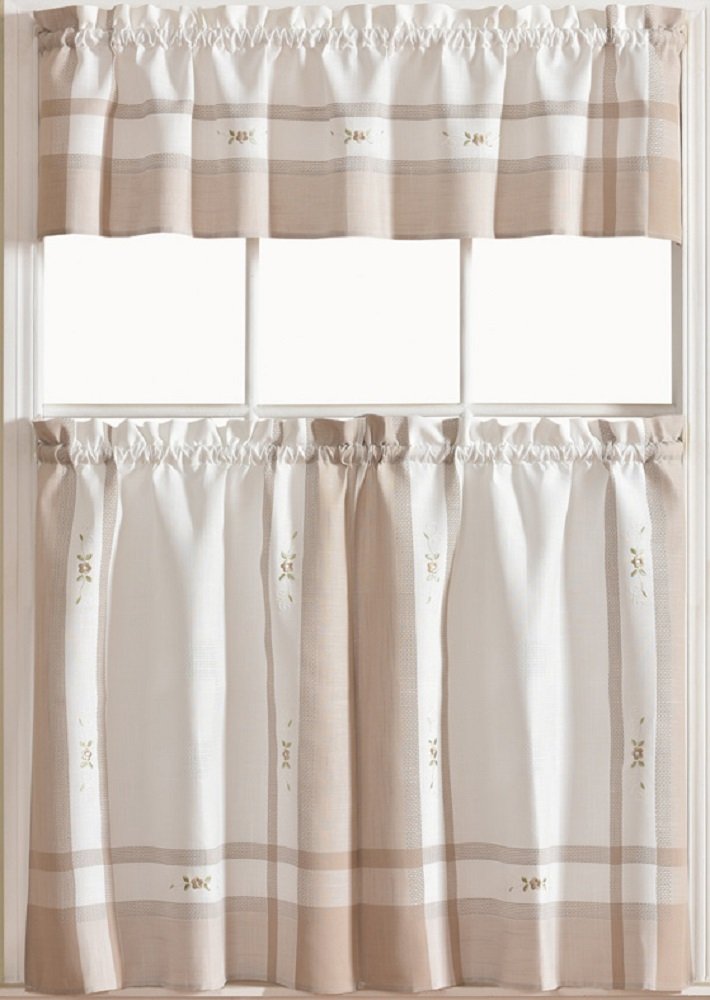 Luxury Embroidered Vienna Kitchen Curtains - 3PC Set in Beige & Taupe for Elegant Home Decor