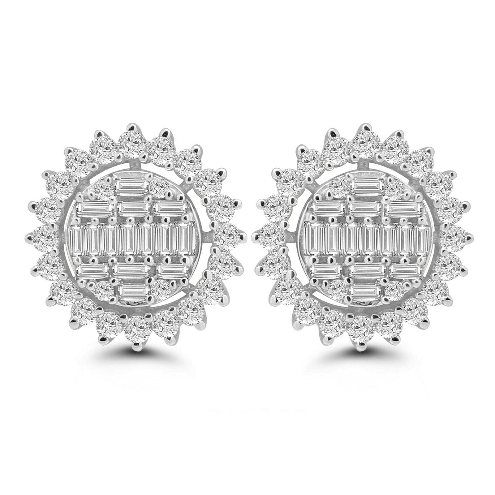 Round & Baguette Cut Cubic Zirconia 14k Yellow Gold Plated 925 Sterling Silver Flower Cluster Stud Earrings for Women - Elegant Jewelry for Parties, Weddings & Everyday Wear