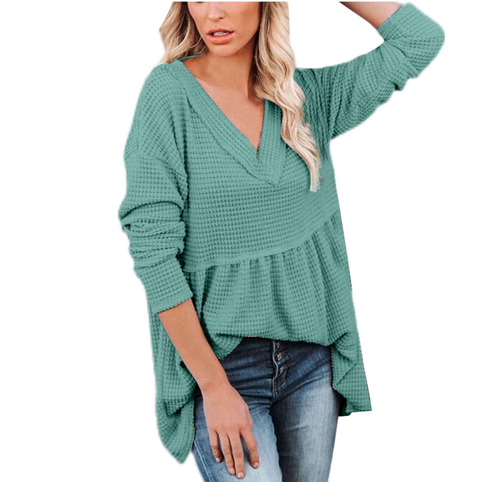 Women's Waffle Knit Tunic Top - Solid Color V-Neck Long Sleeve Casual Blouse - Loose Pleated Shirt for Work, Weekend & Fall Layering