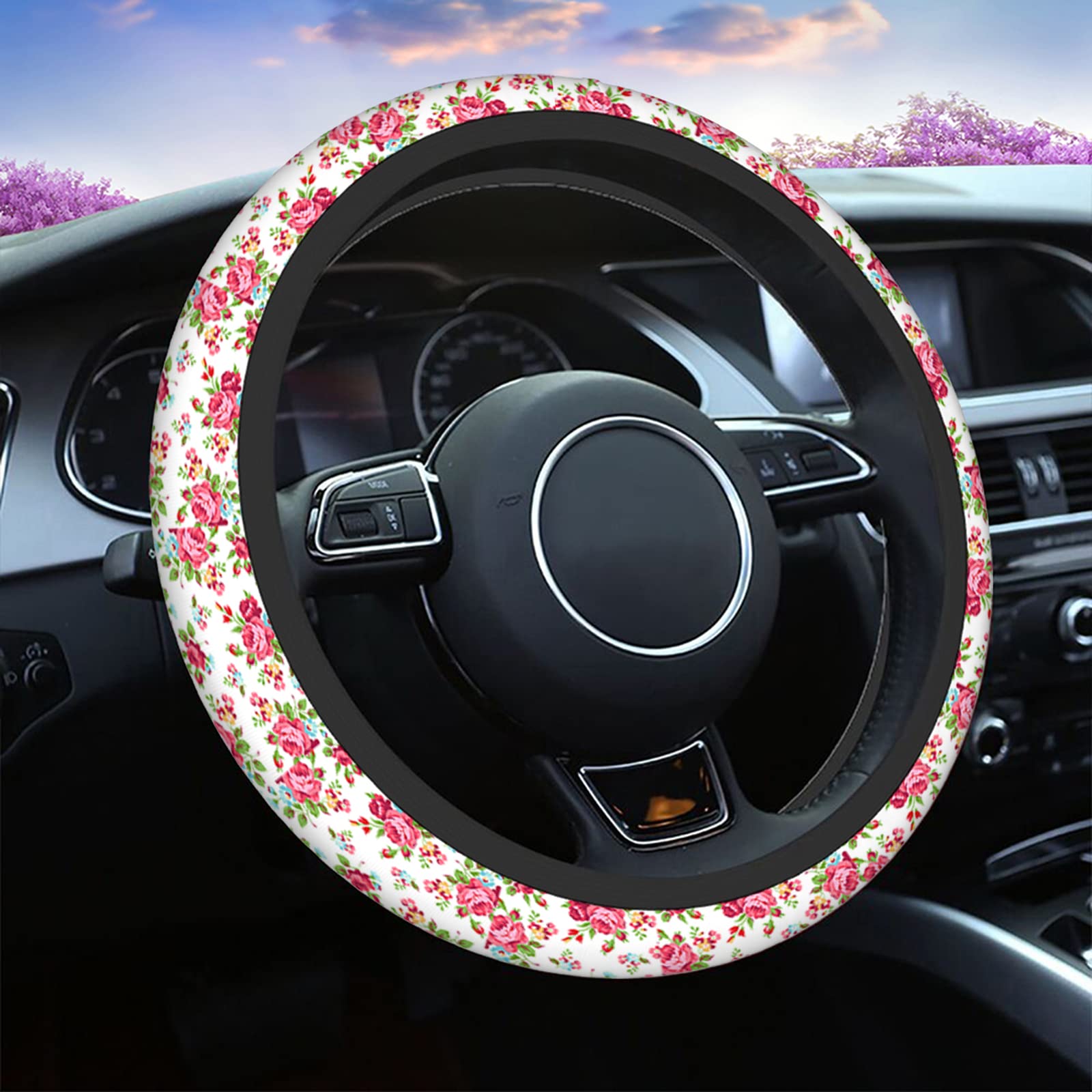 Swono 15 Inch Universal Pink Rose & Leaves Neoprene Steering Wheel Cover - Non-Slip Breathable Soft Grip with Floral Pattern for Men & Women - Perfect for Cars, Trucks & SUVs