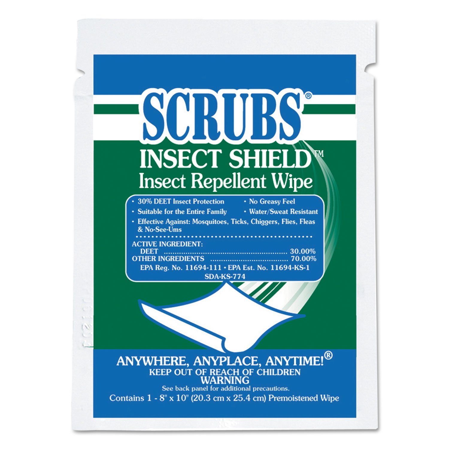Scrubs 91401 Insect Shield Insect Repellent Wipes - 8x10 Inches, White, 100 Count per Carton | Outdoor Protection for Camping, Hiking & Travel