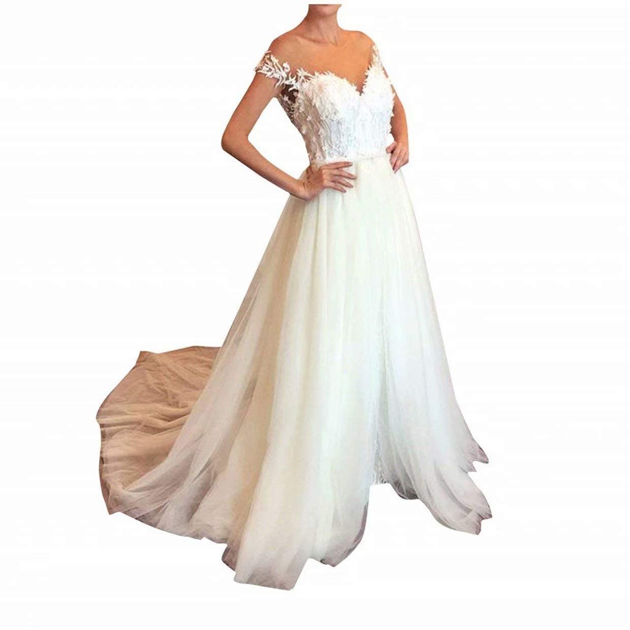 Elegant White Lace Beach Wedding Dress for Bride 2023 | Off Shoulder Tulle Bridal Gown | Perfect for Beach Weddings, Prom & Summer Events