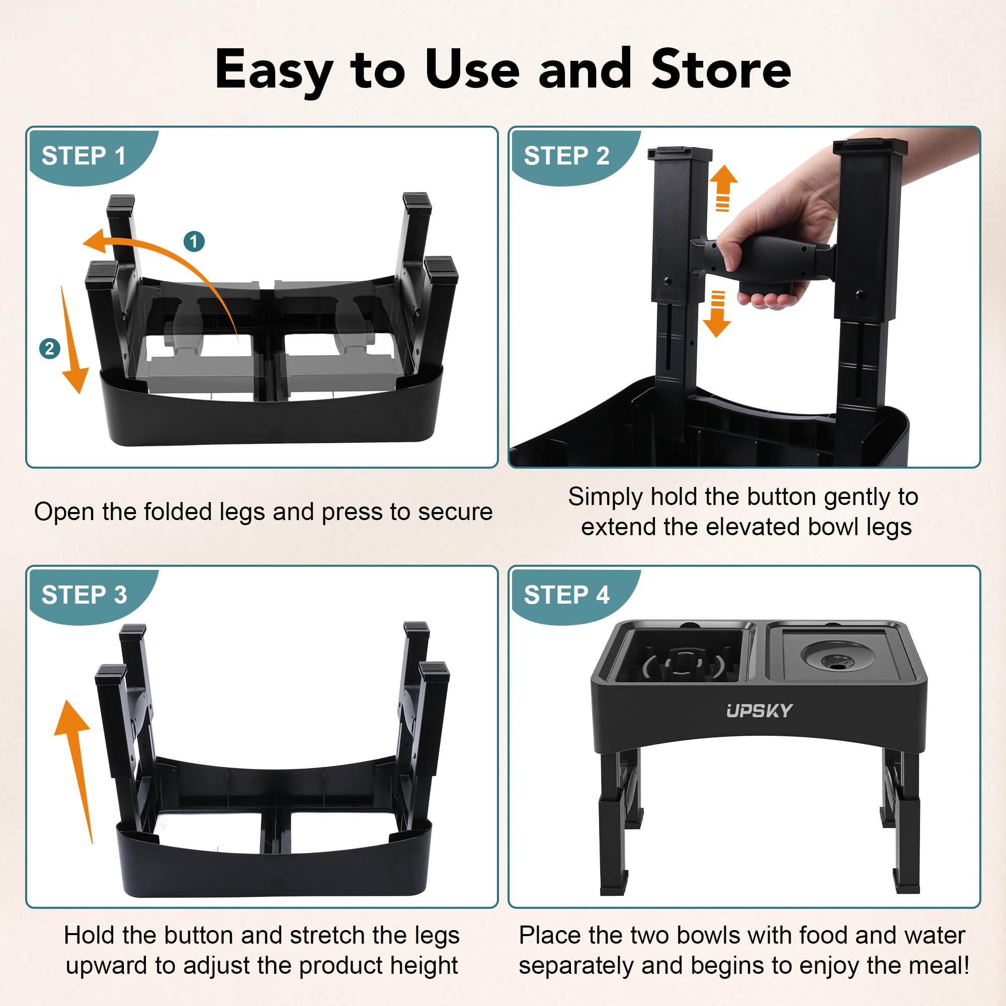 UPSKY 2-in-1 Elevated Slow Feeder Dog Bowls with Stand - 4 Height Adjustable Raised No Spill Dog Food & Water Bowl Dispenser - Anti-Slip Pet Bowls for Small & Medium Dogs (Black) - Perfect for Mealtime & Travel Use