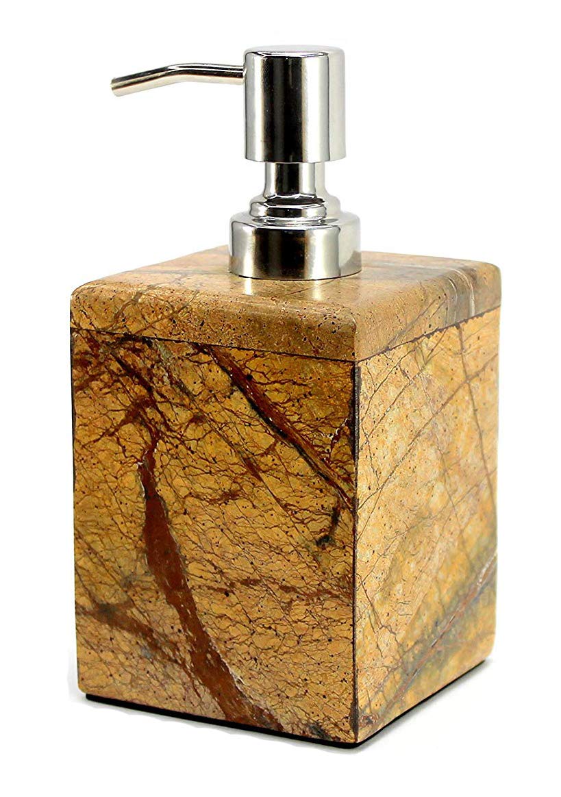 Natural Stone Soap Dispenser & Lotion Dispenser - Brown, Green, Black, White Bathroom Accessories Set (Square Brown) for Spa, Luxury Bathroom & Home Decor