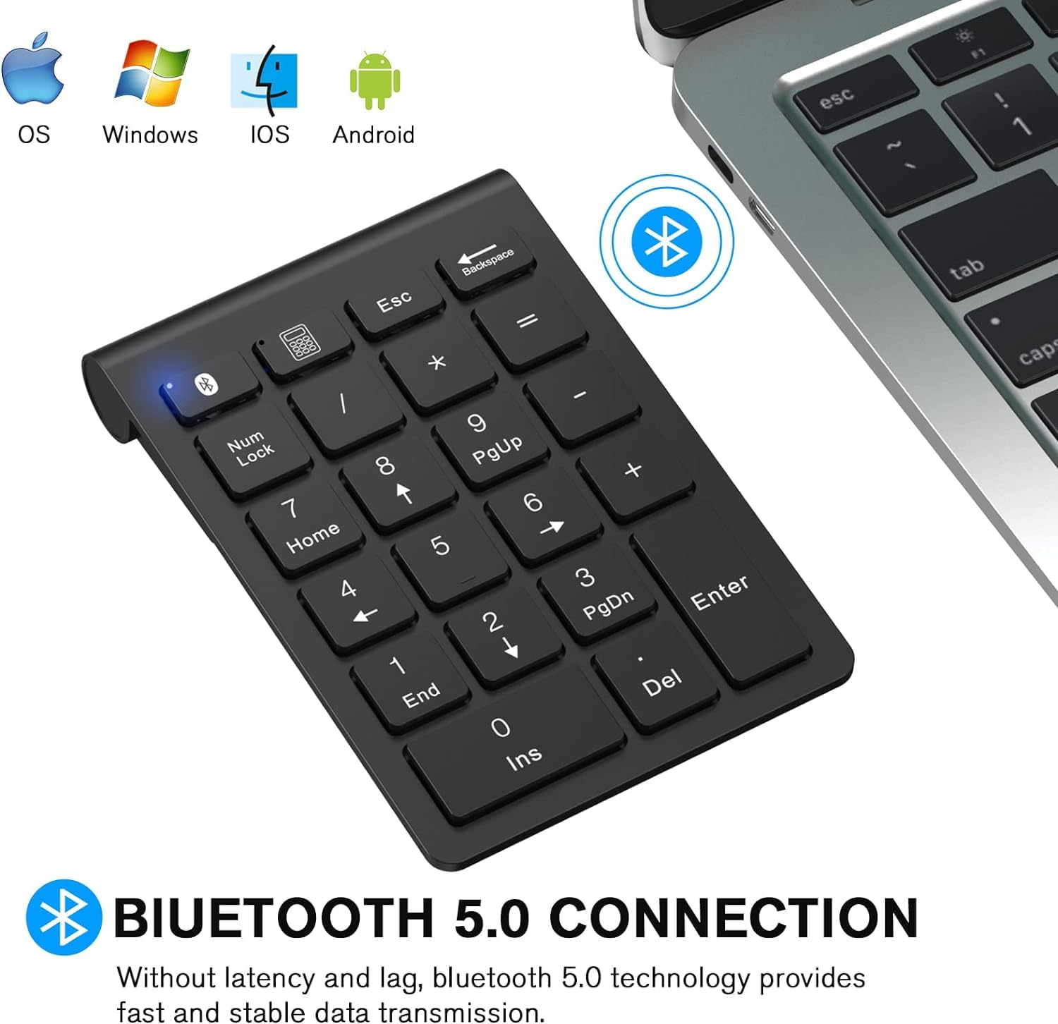 Wireless Numeric Keypad Bluetooth 5.0 - Portable 22-Key Mini Calculator for Laptop, PC & Surface Pro - Office & Home Use