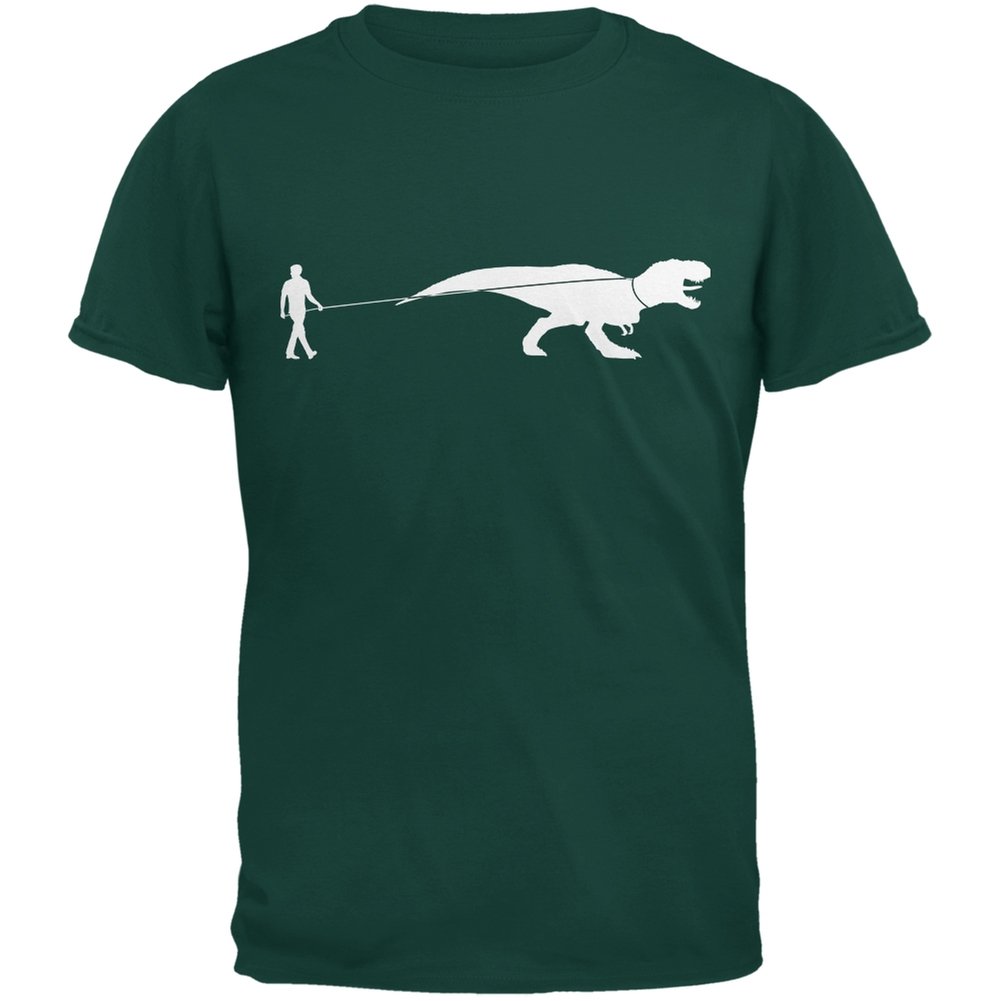 Dinosaur T-Rex on a Leash Forest Green Adult T-Shirt - Large Size | Jurassic Park Inspired Graphic Tee for Men & Women | Perfect for Halloween, Cosplay, and Dino Lovers